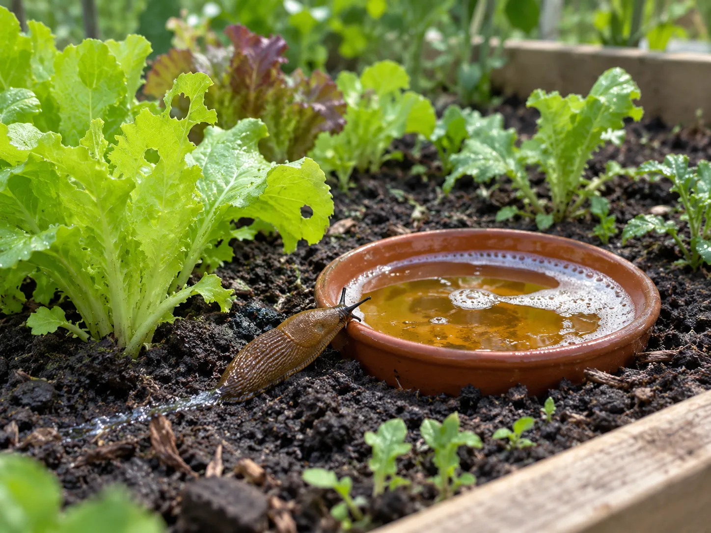 A slug approaches a small beer trap beside damaged lettuce seedlings