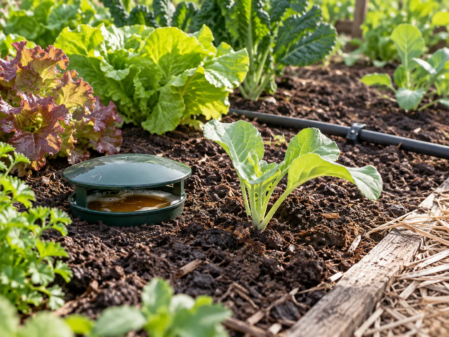 A small beer trap sits beside lettuce in a tended vegetable bed