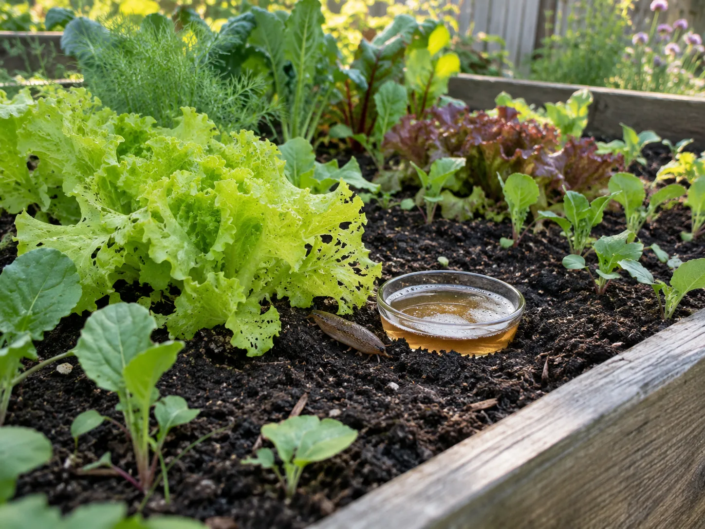 A small beer trap sits beside one patch of lettuce in a larger garden bed