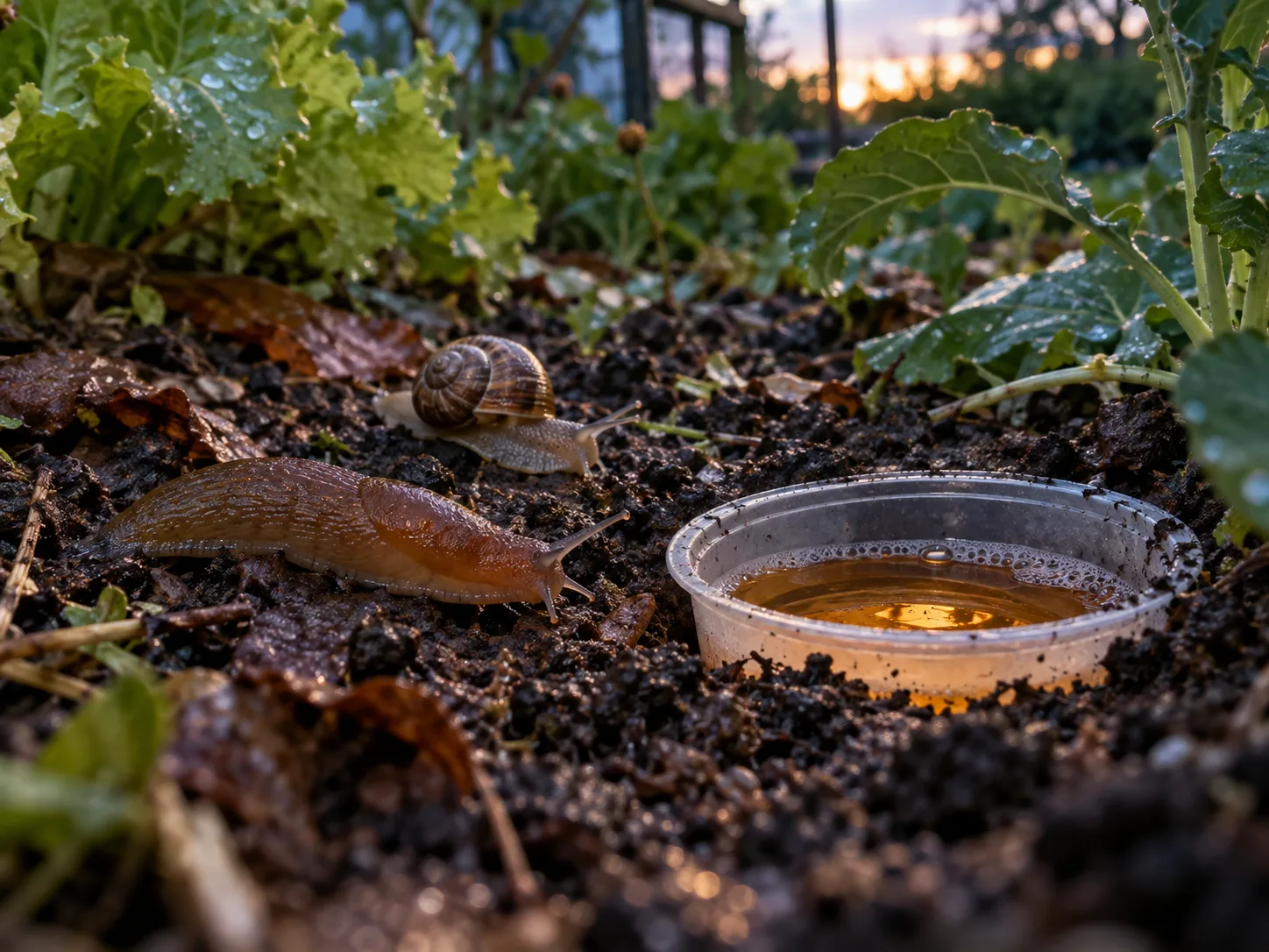 A slug and snail move toward a small bait cup in damp garden soil