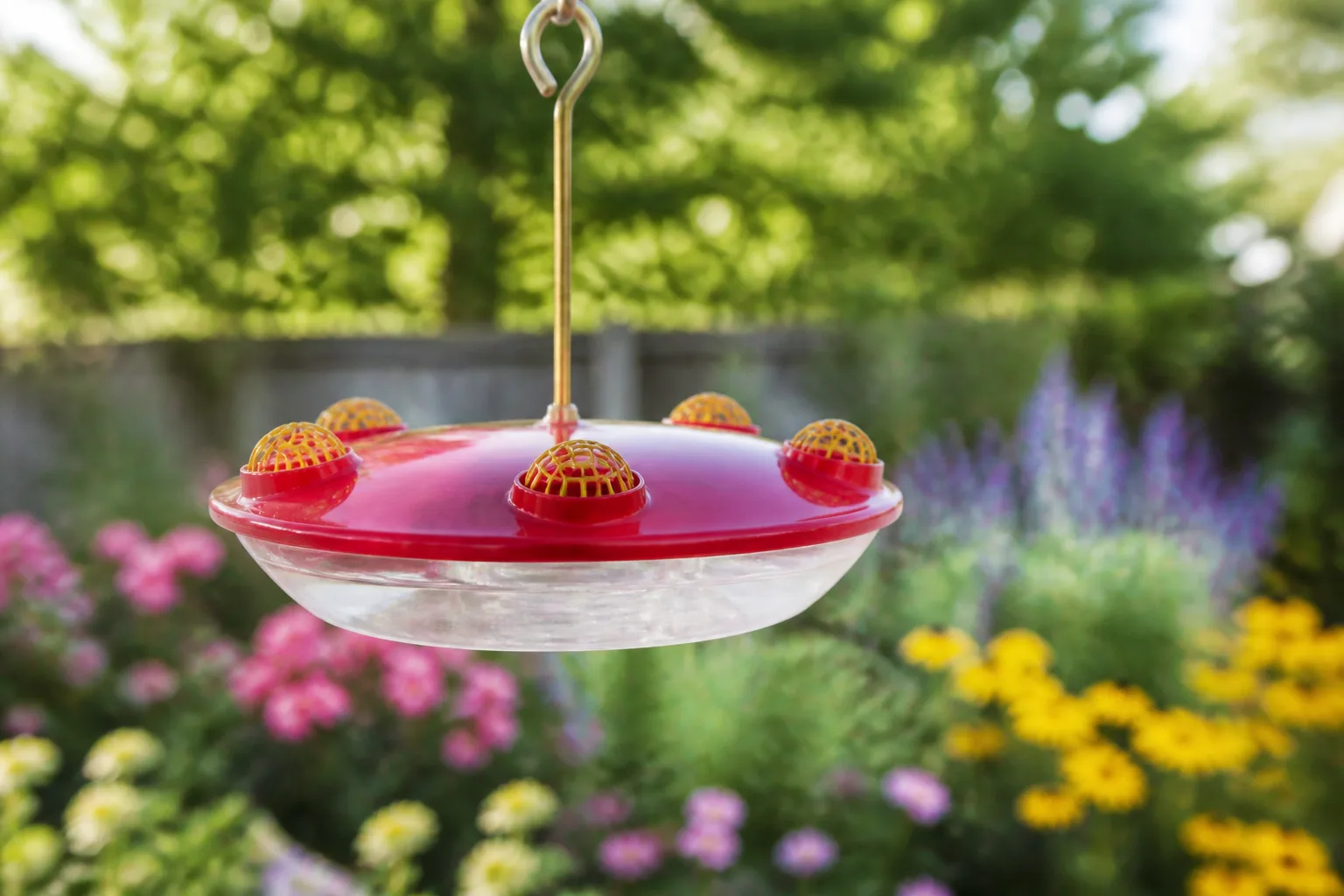 Saucer hummingbird feeder with bee guard mesh caps over red feeding ports