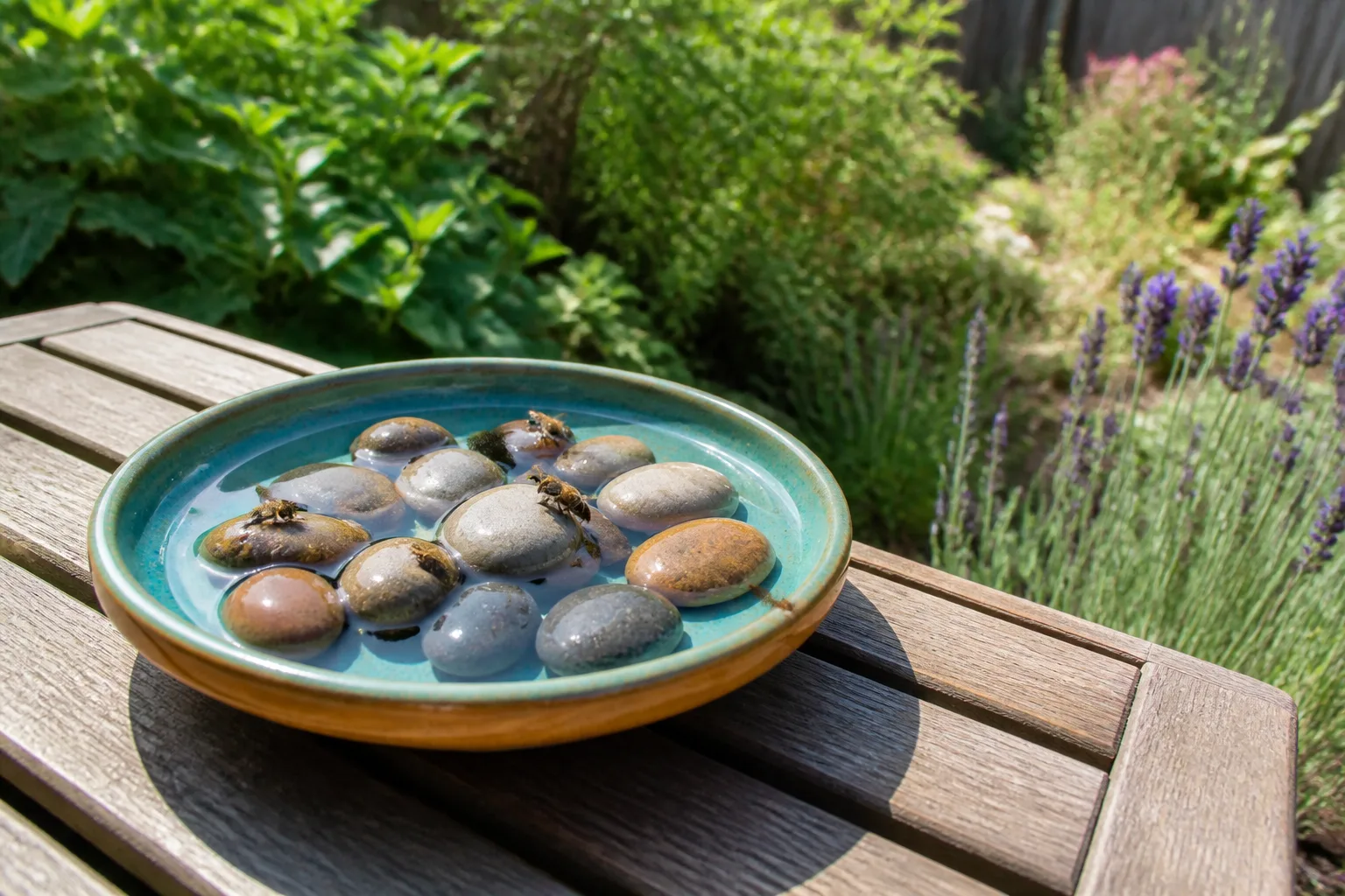 Shallow bee feeding station with river stones in sugar water on a garden bench away from bird feeders