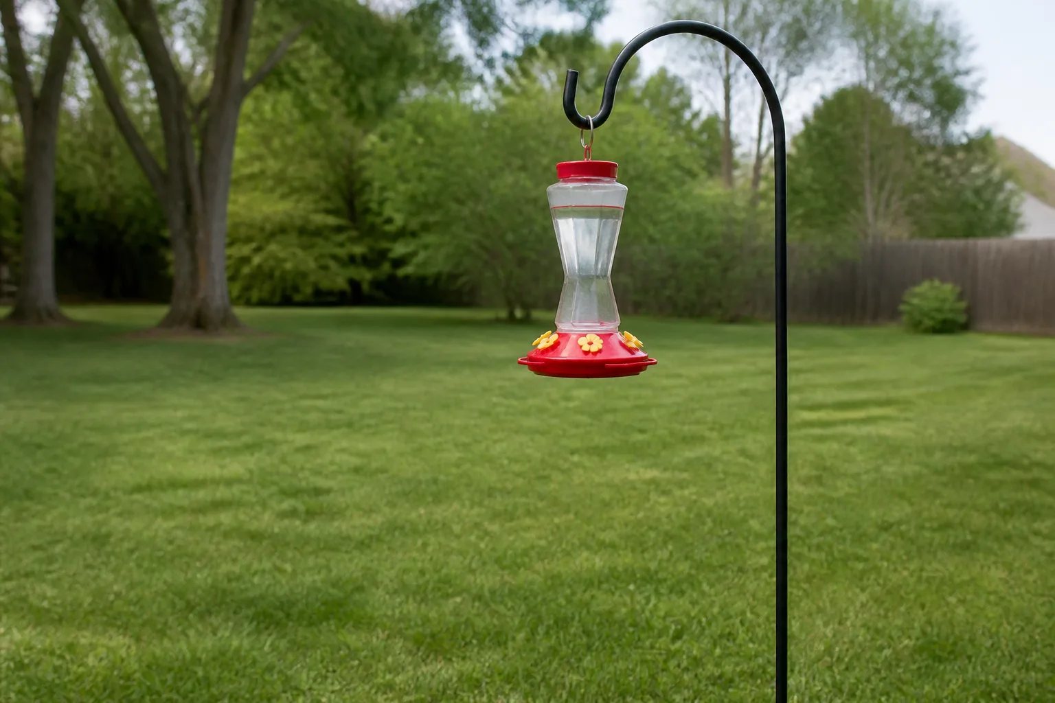 Hummingbird feeder on a shepherd hook in an open lawn away from flower beds