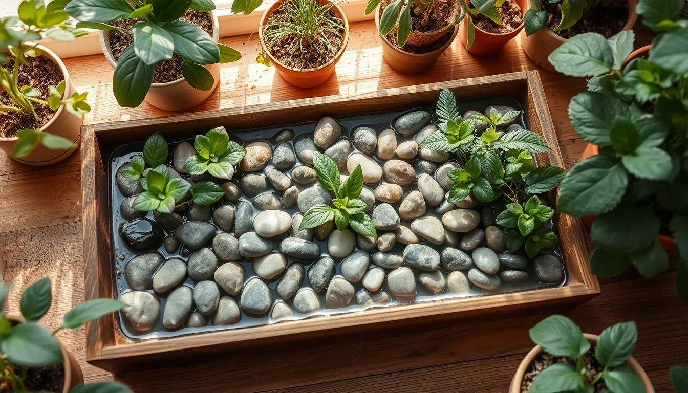 Houseplant humidity pebble tray with potted tropical plant on stones above the waterline