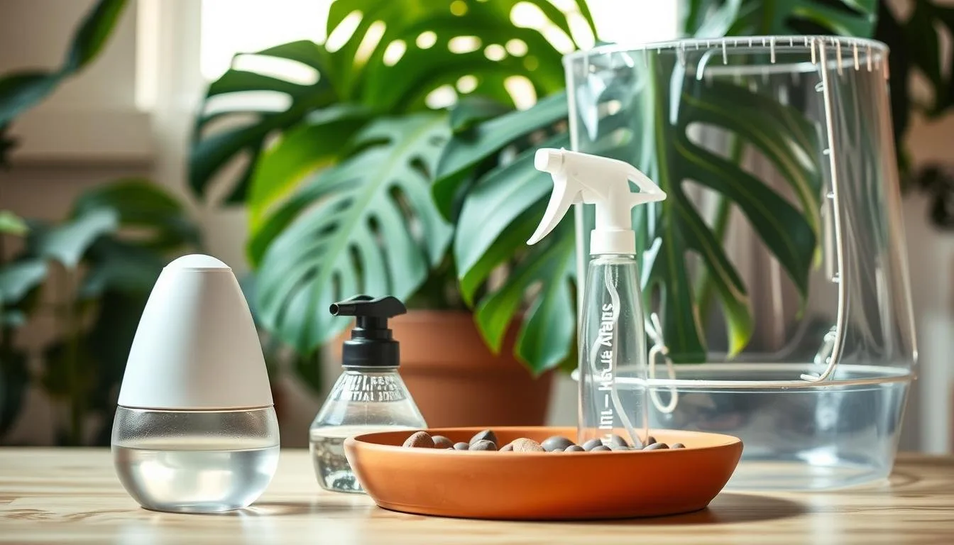 Houseplant on a pebble humidity tray with water below stone level