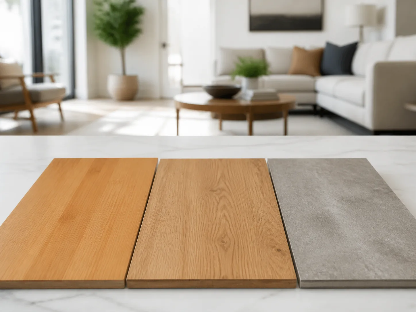 Unlabelled bamboo, hardwood, and luxury vinyl flooring samples in a home design studio