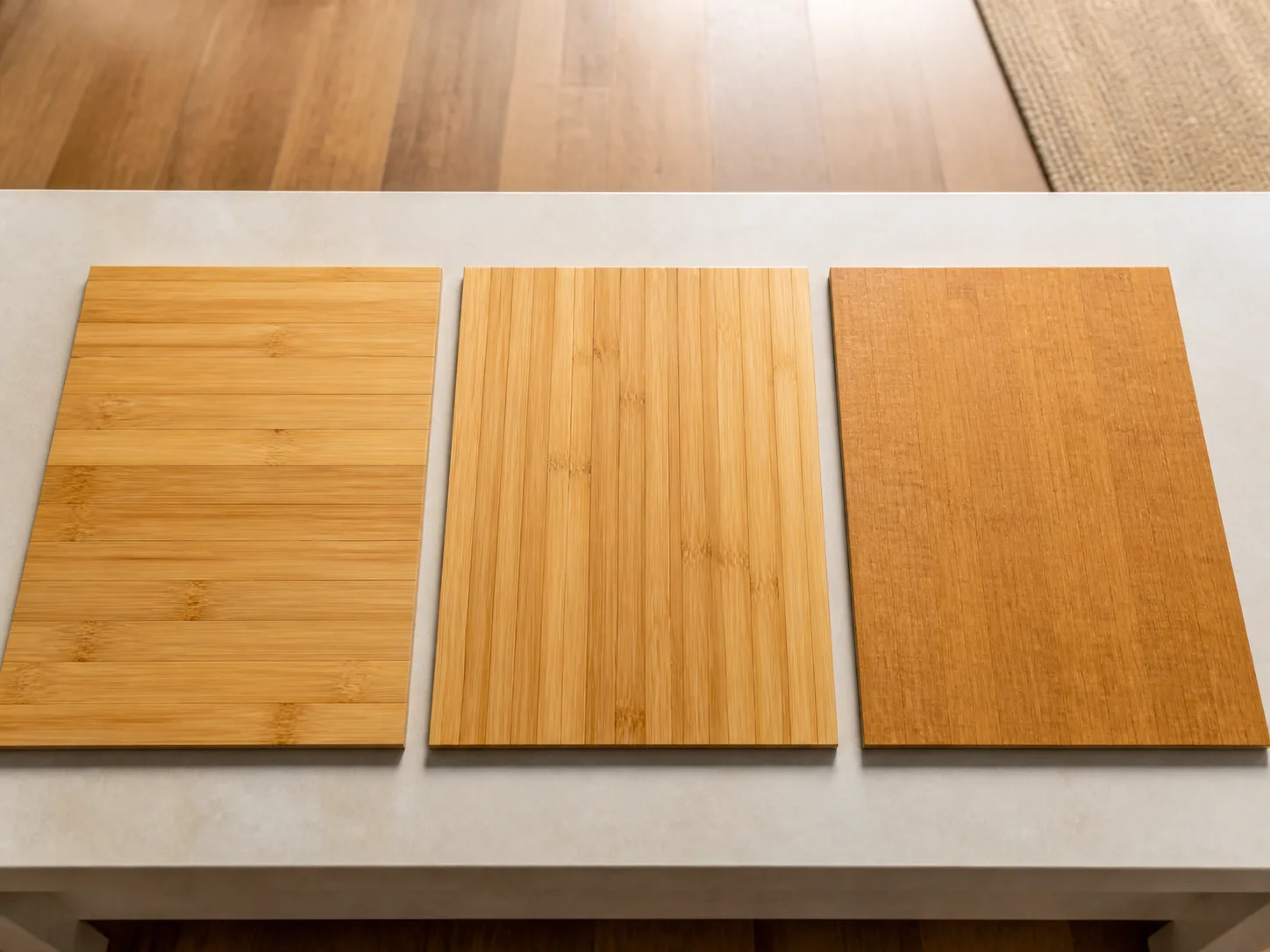Unlabelled bamboo flooring samples showing different grain and construction patterns