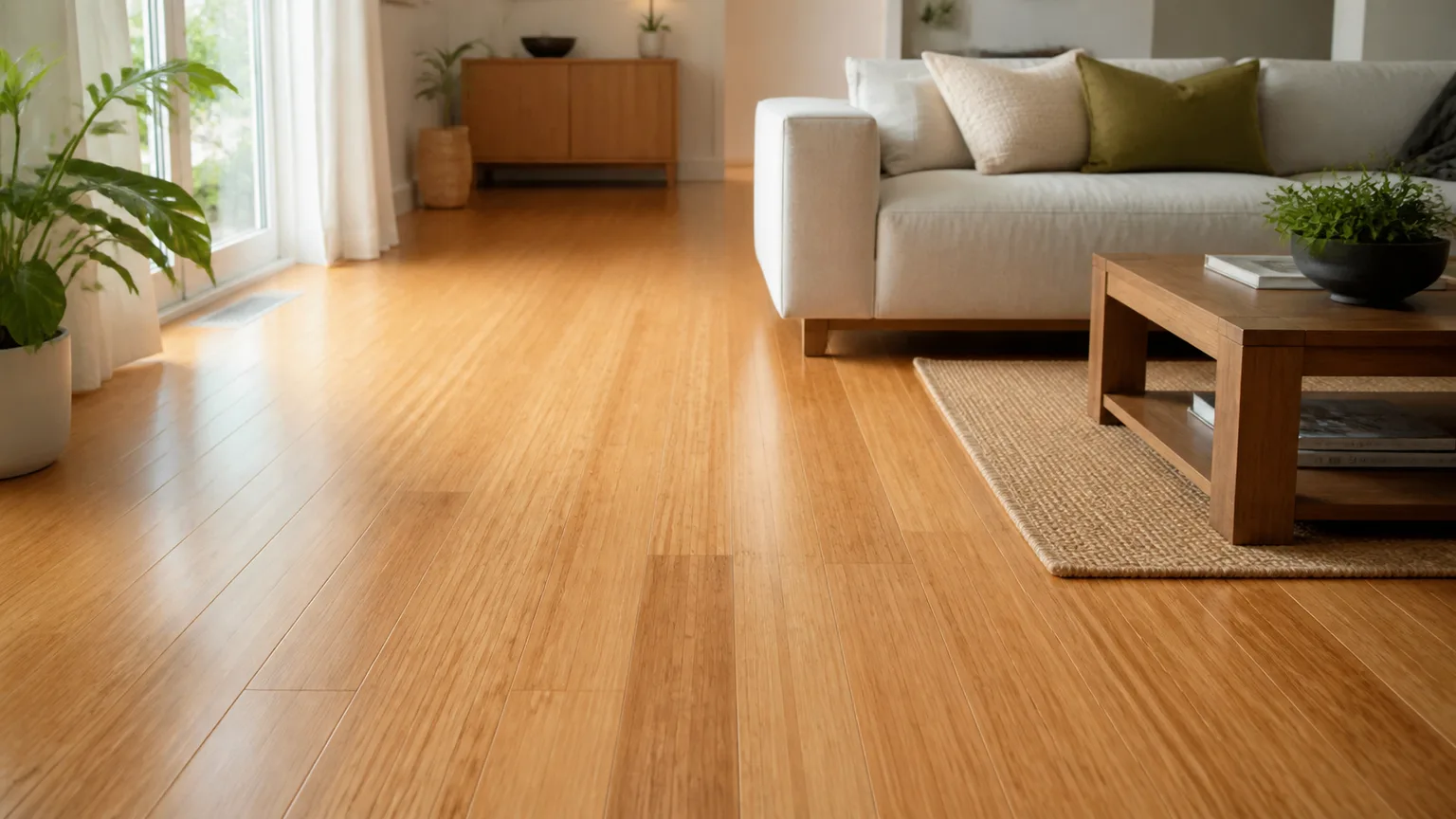 Warm bamboo flooring in a bright contemporary living room