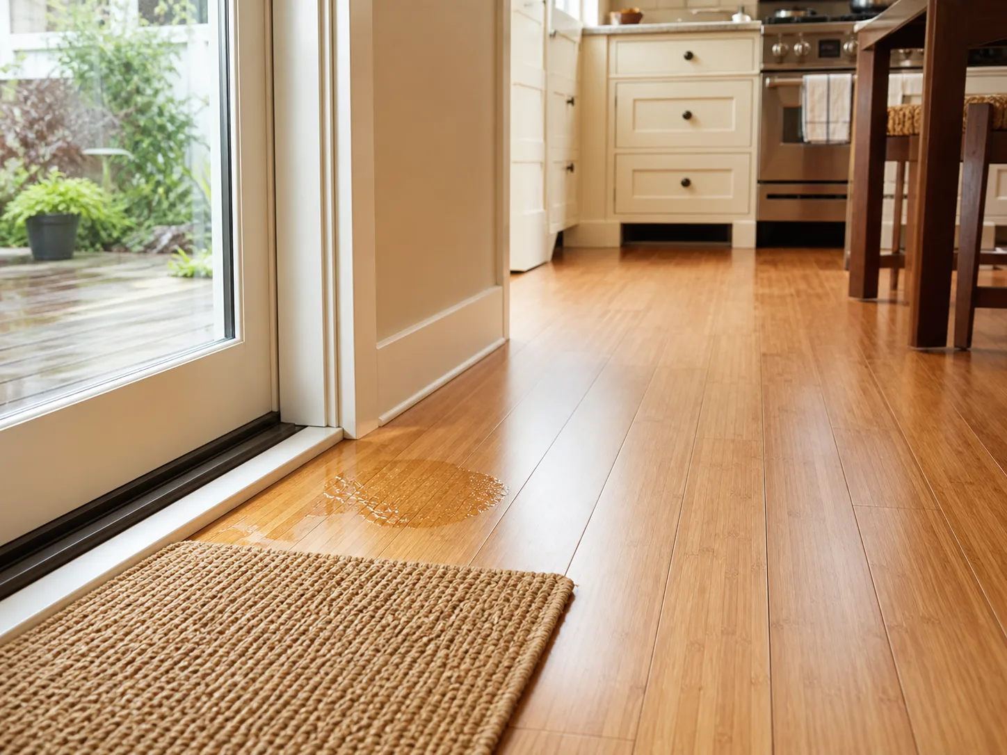 Bamboo flooring beside a bright kitchen entry where moisture control matters