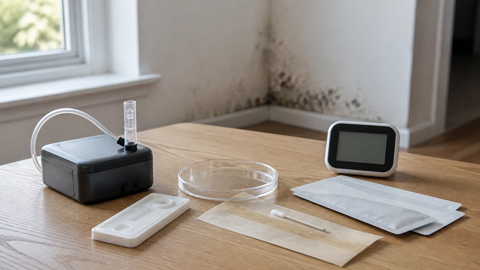 At-home mold sampling and humidity-monitoring tools on a table