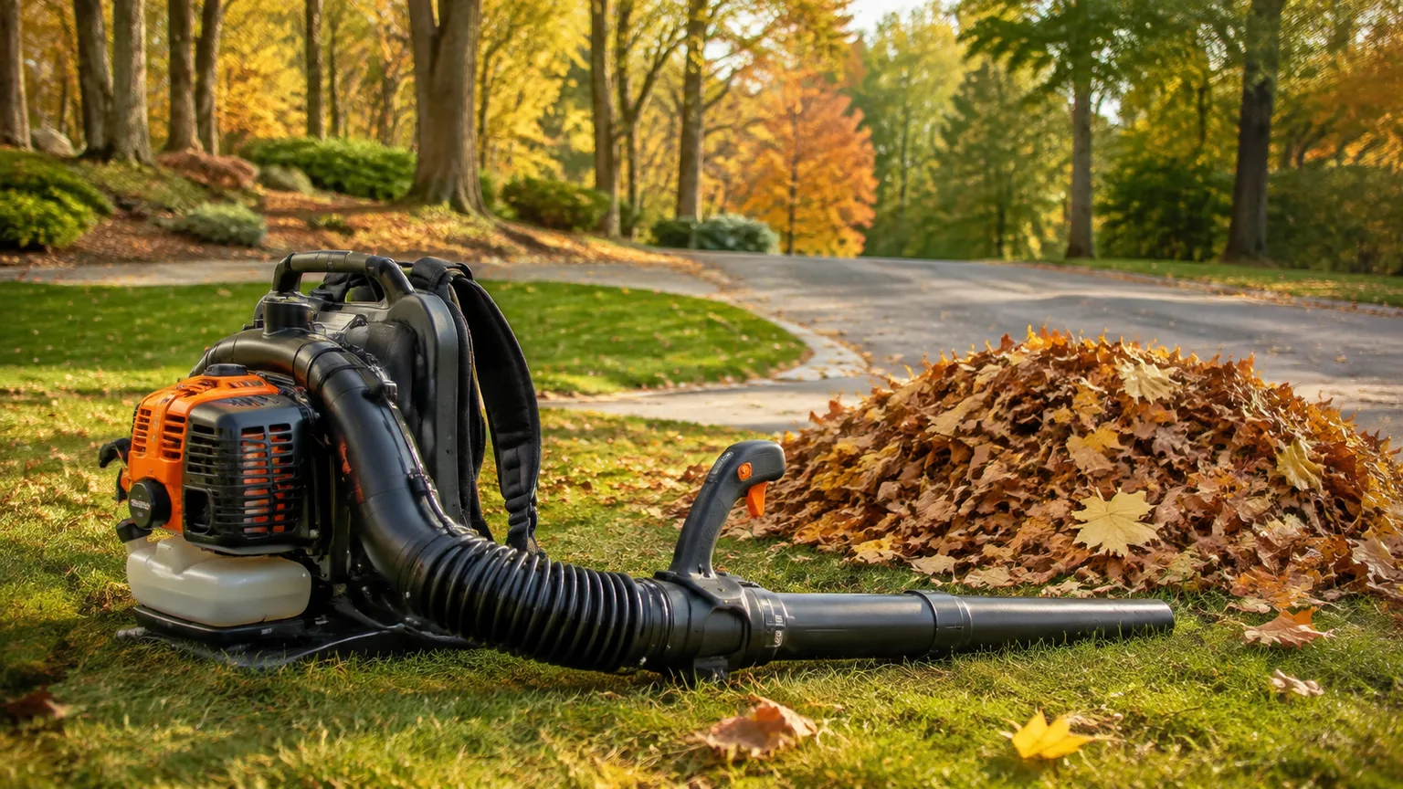 Backpack leaf blower beside a fall leaf pile in a residential yard