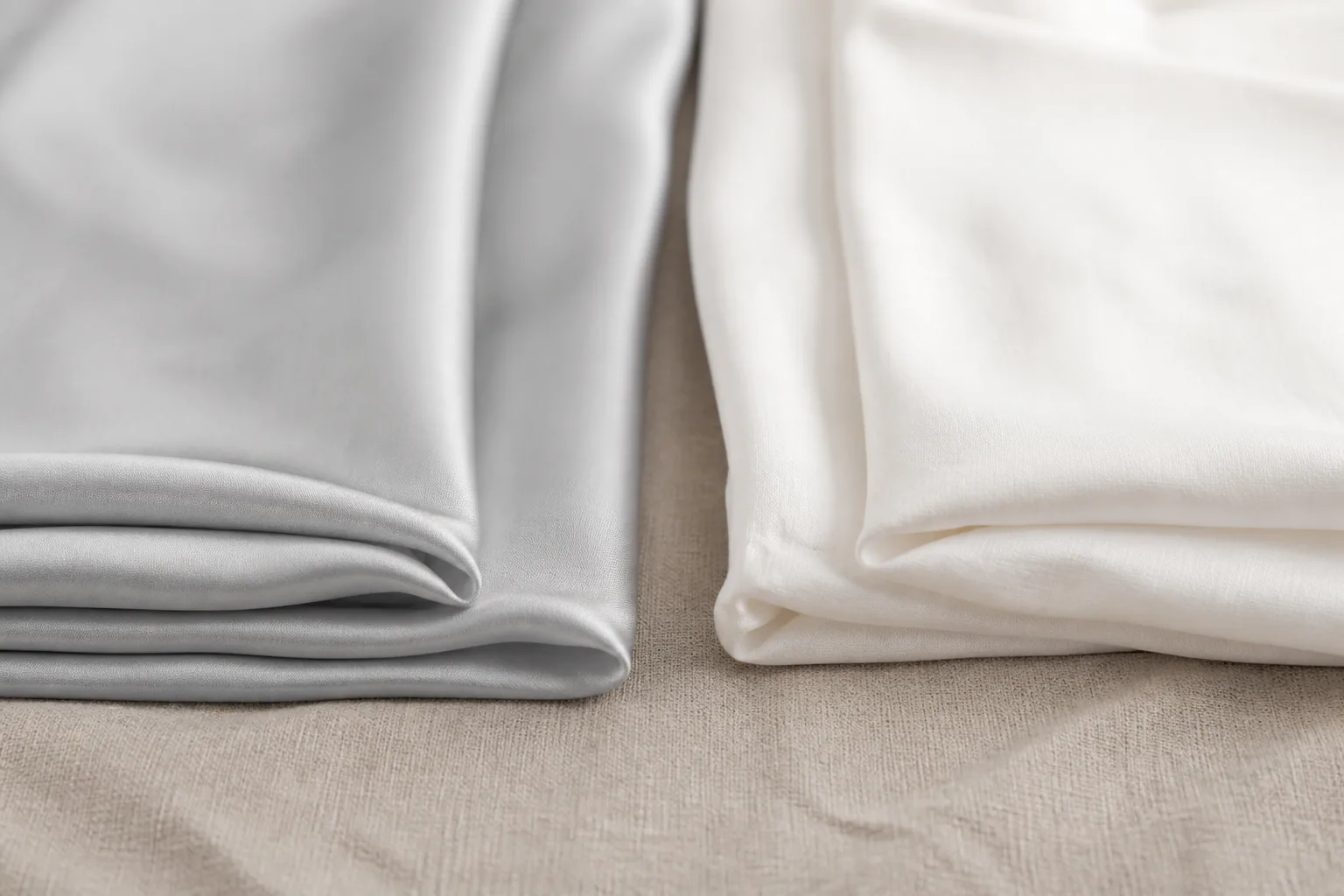 Side-by-side bamboo viscose sateen and bamboo lyocell fabric swatches