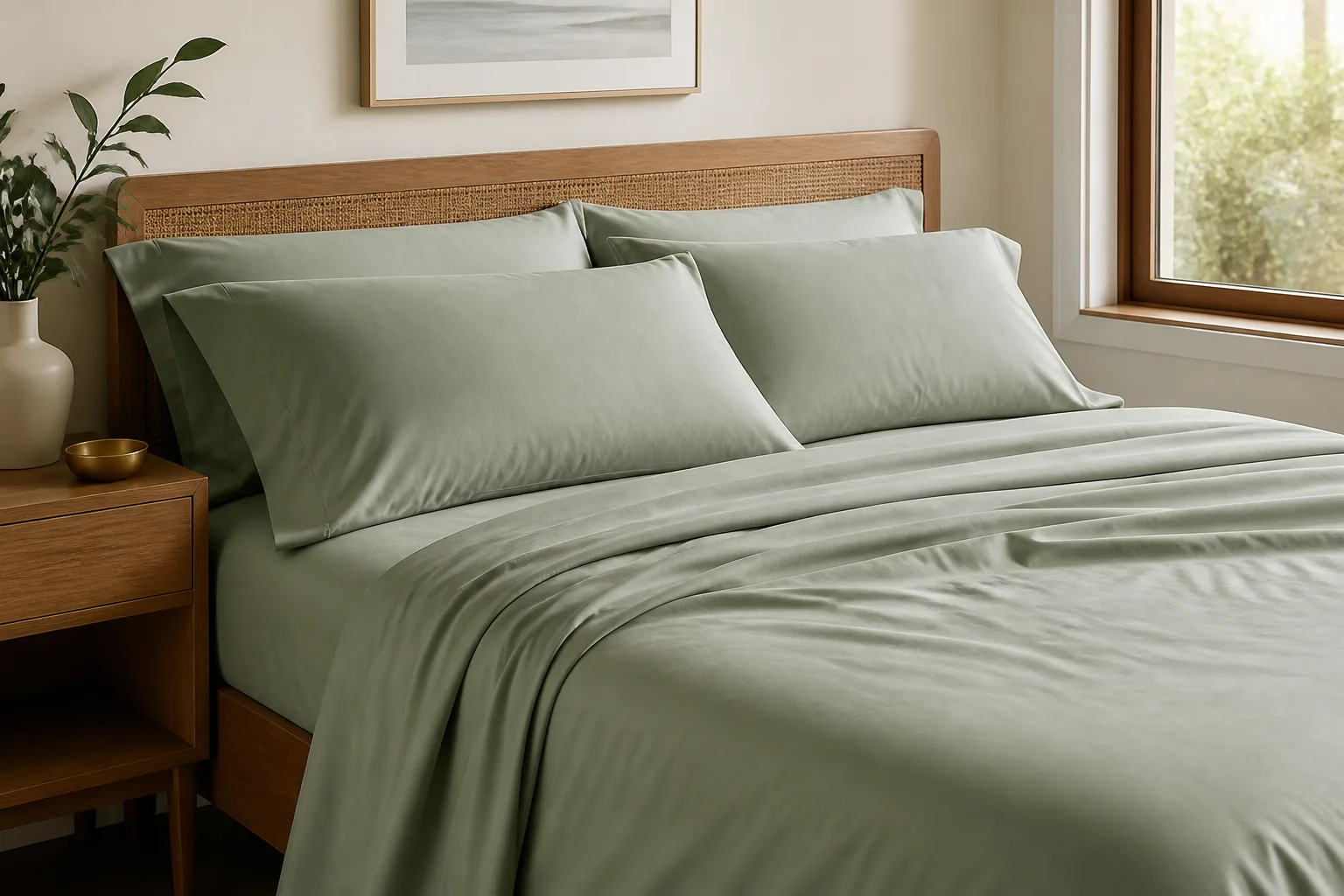 Neatly made bed dressed in soft sage-green bamboo rayon sheets in a calm modern bedroom
