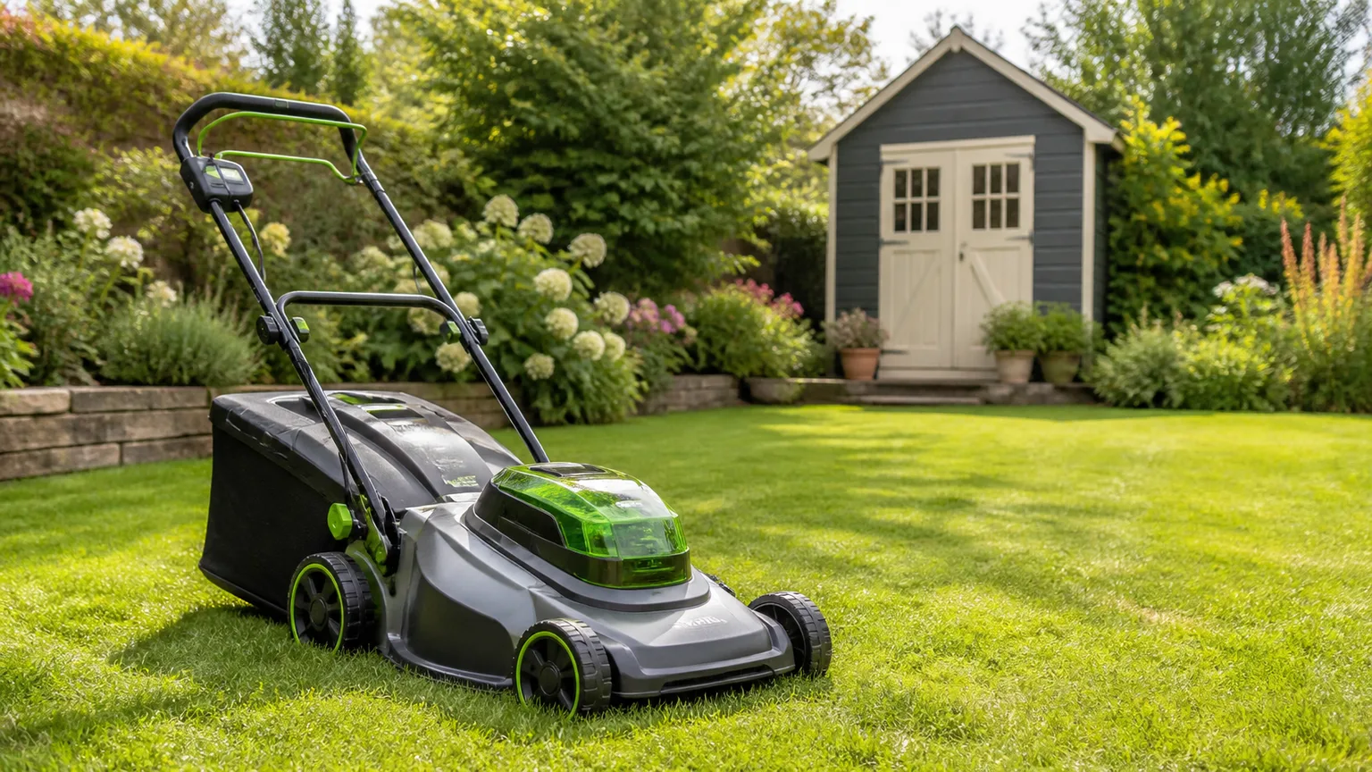 Cordless battery-powered lawn mower cutting a residential lawn