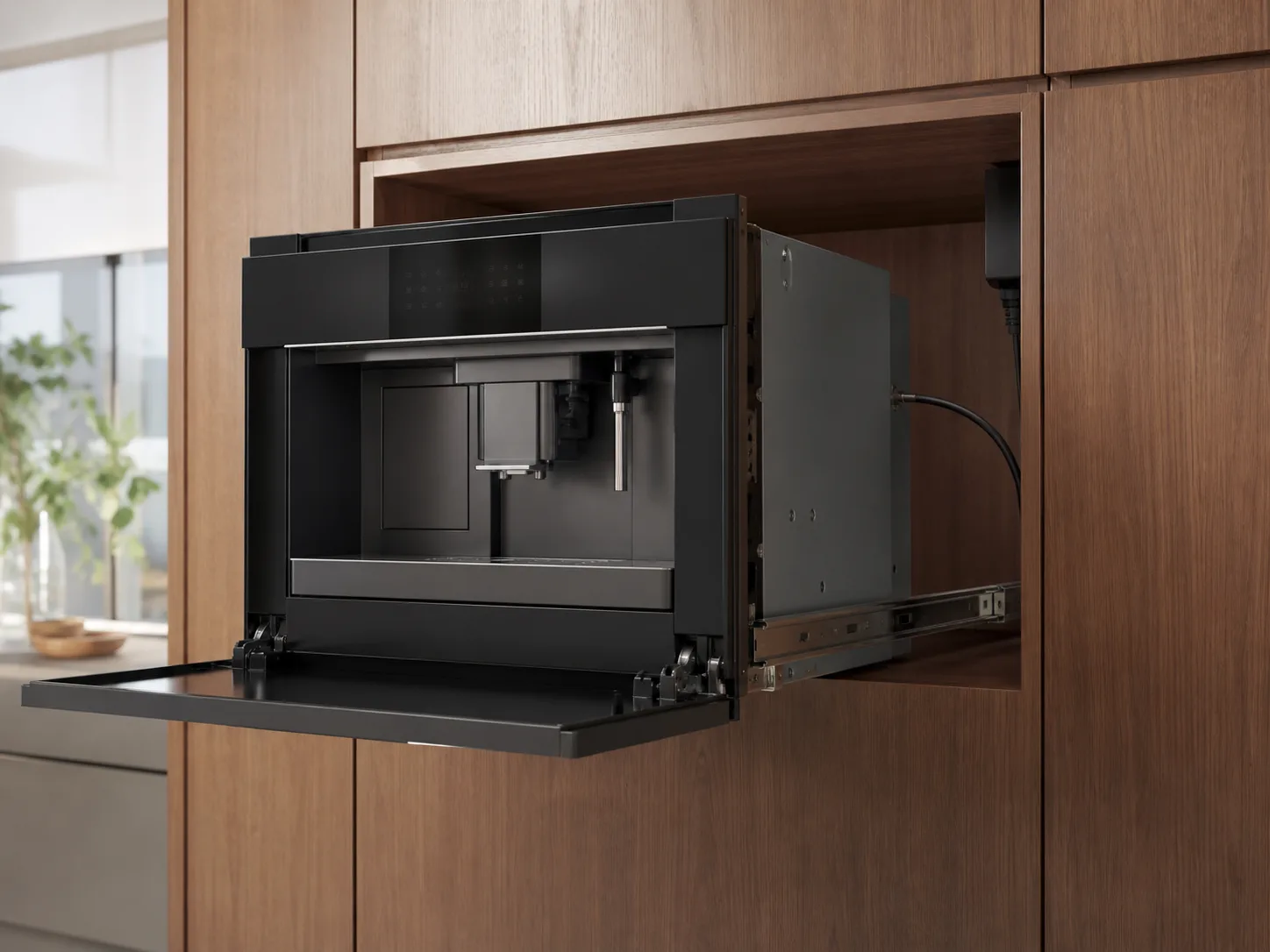Built-in coffee machine pulled forward on cabinet rails to show service and clearance access