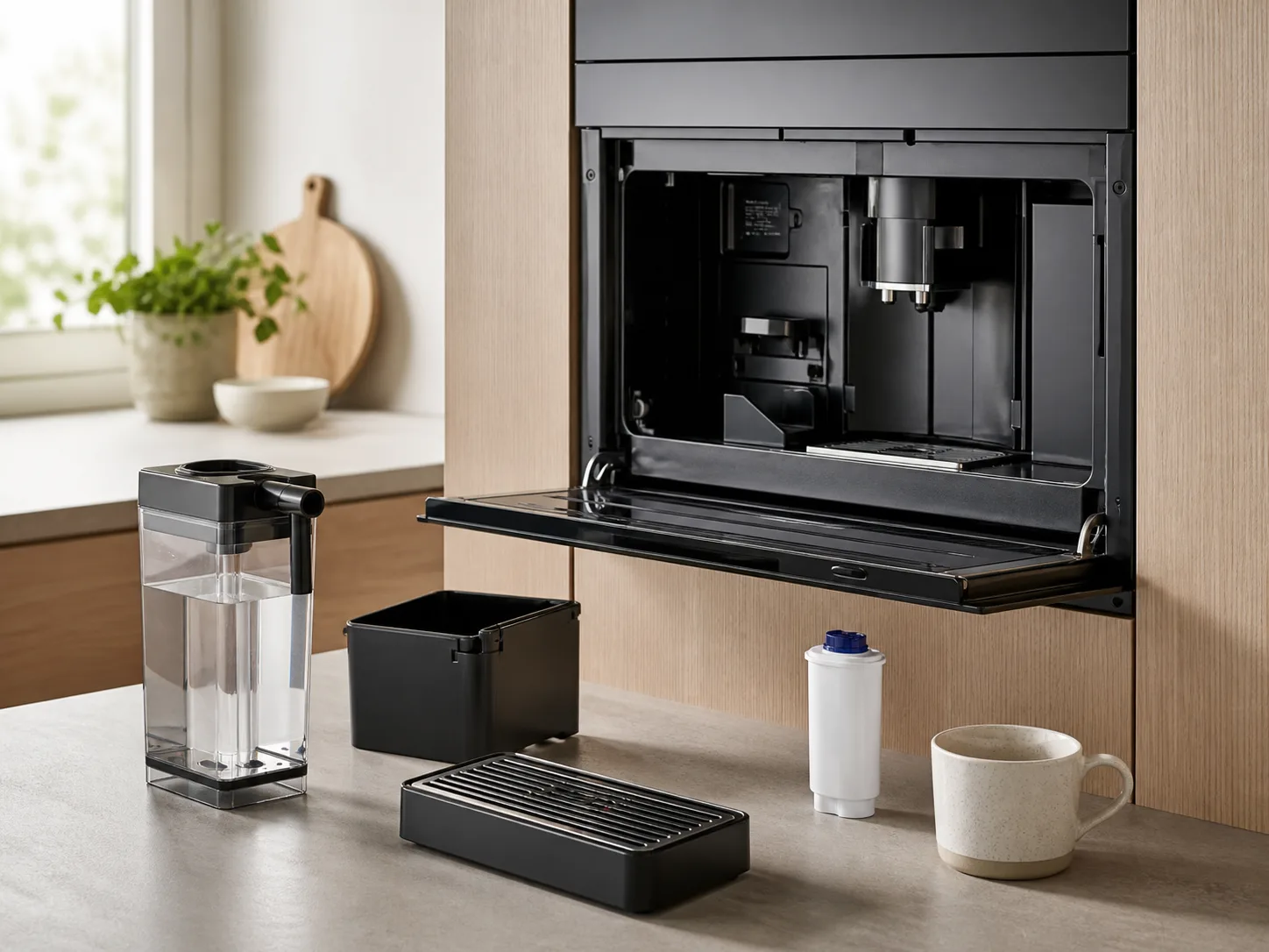 Open built-in coffee machine with removable milk container, drip tray, grounds bin, and water filter arranged for cleaning