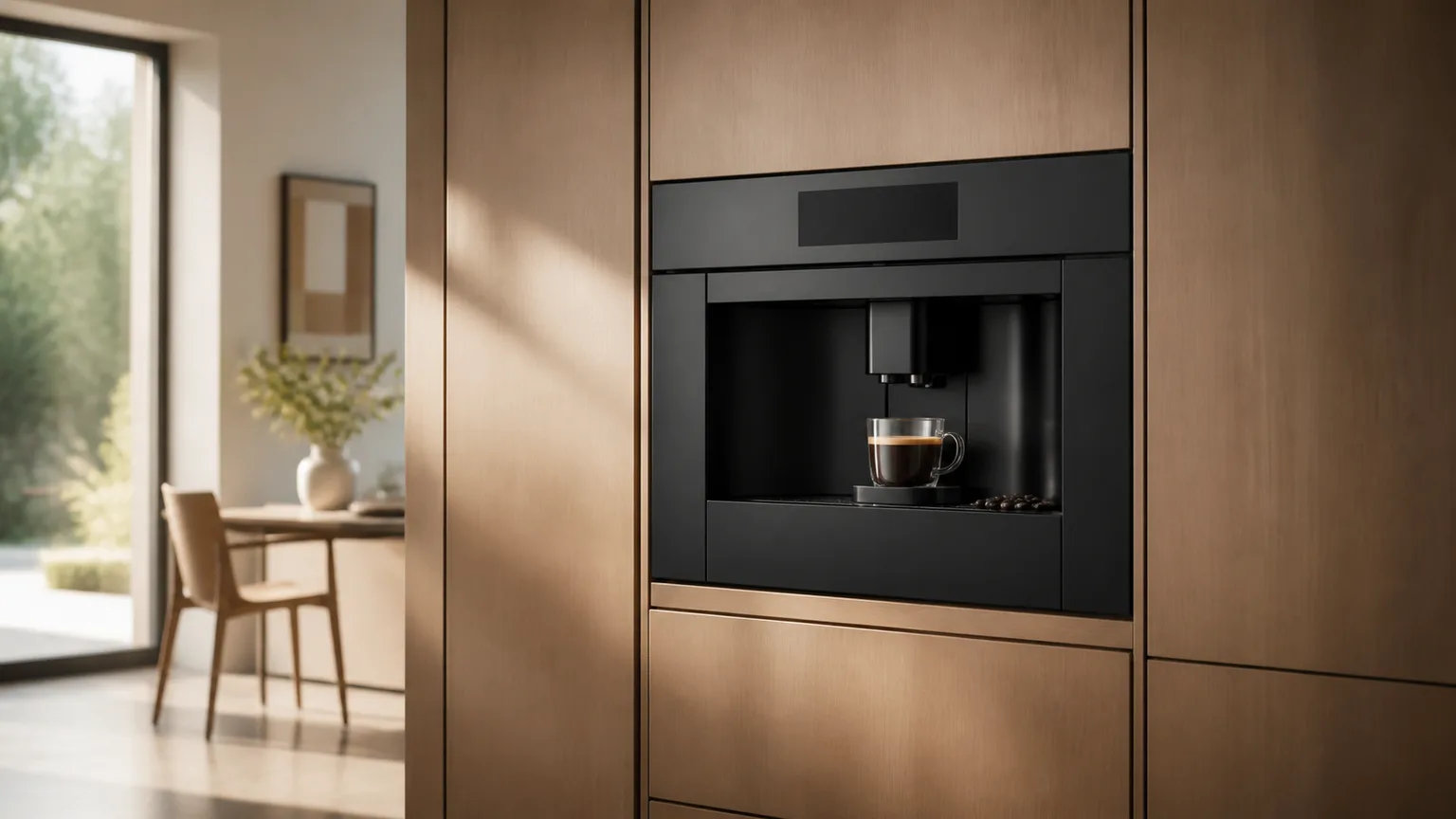 Unbranded built-in automatic coffee machine integrated into warm wood kitchen cabinetry
