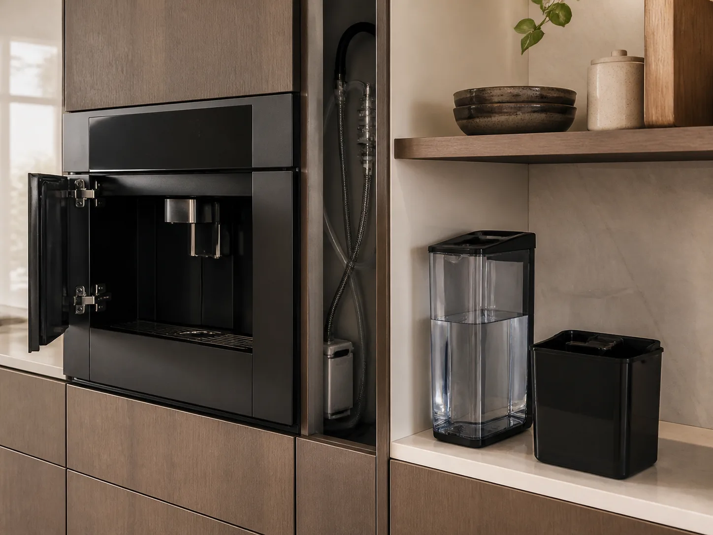 Built-in coffee machine showing a water connection and a removable reservoir as two installation options
