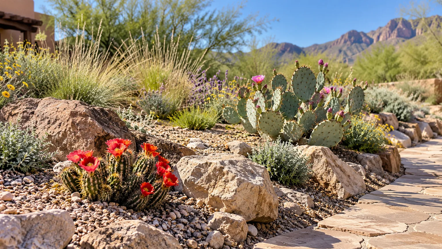 Prickly pear and barrel cacti growing in a gravelly, well-drained garden bed.
