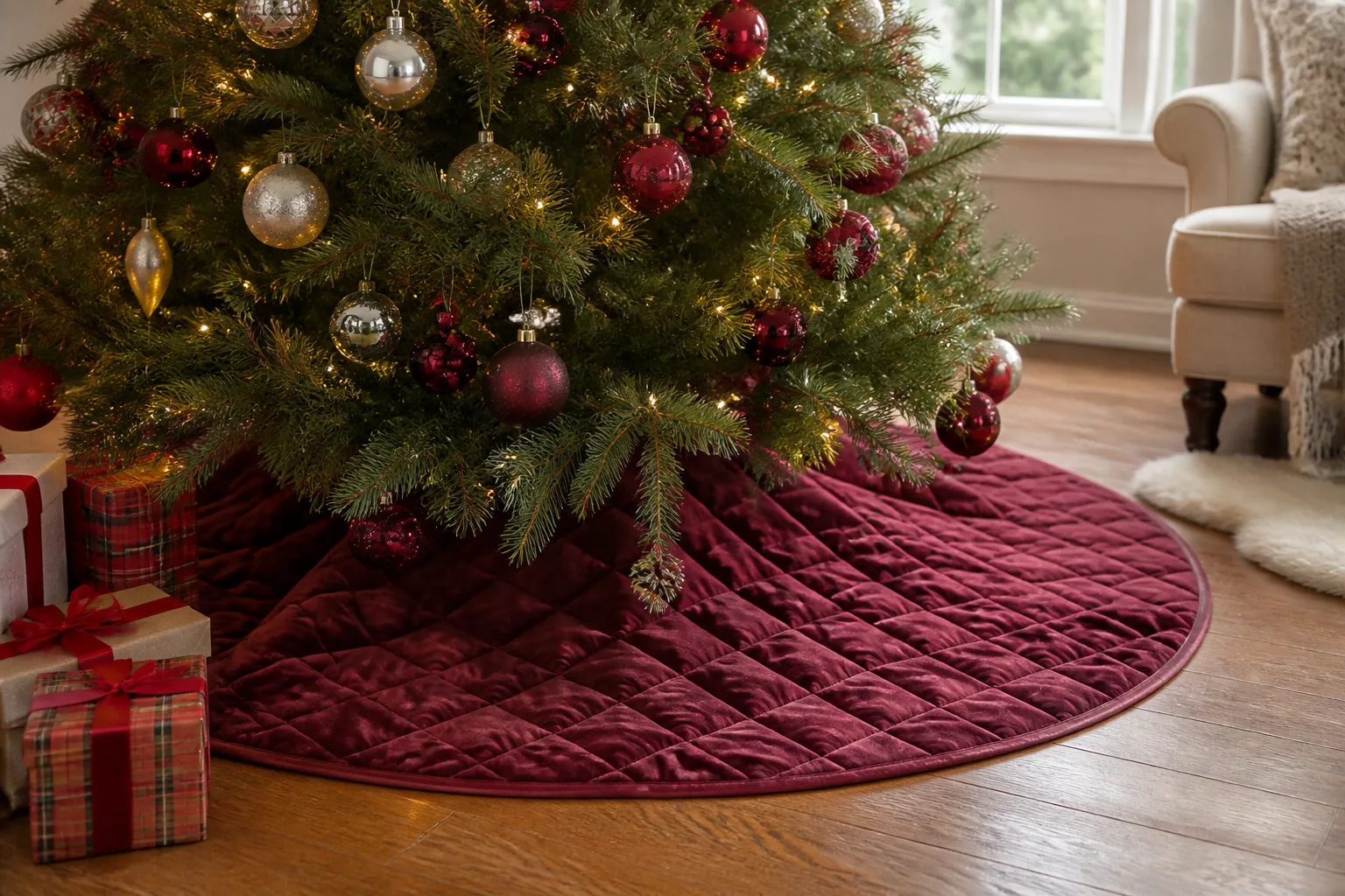 Decorated Christmas tree with burgundy quilted skirt spread flat around the base in a cozy living room