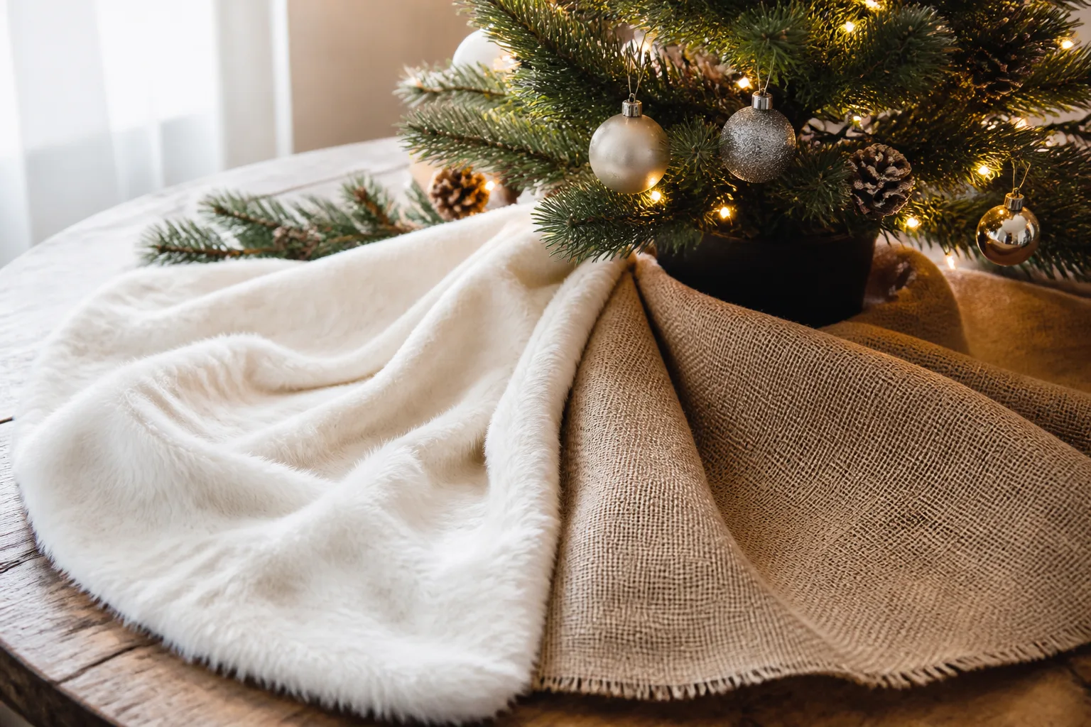 Ivory faux fur and natural burlap Christmas tree skirt fabrics draped side by side for material comparison
