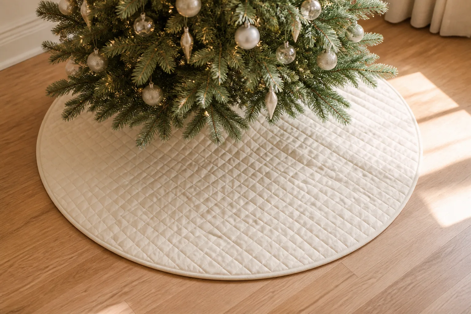 Christmas tree skirt laid flat in a circle extending evenly beyond the lowest branch tips on hardwood floor