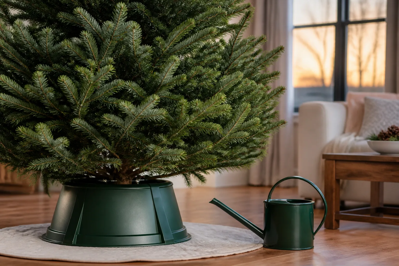 Live Christmas tree in a water-holding stand with a long-spout watering can in a cozy living room