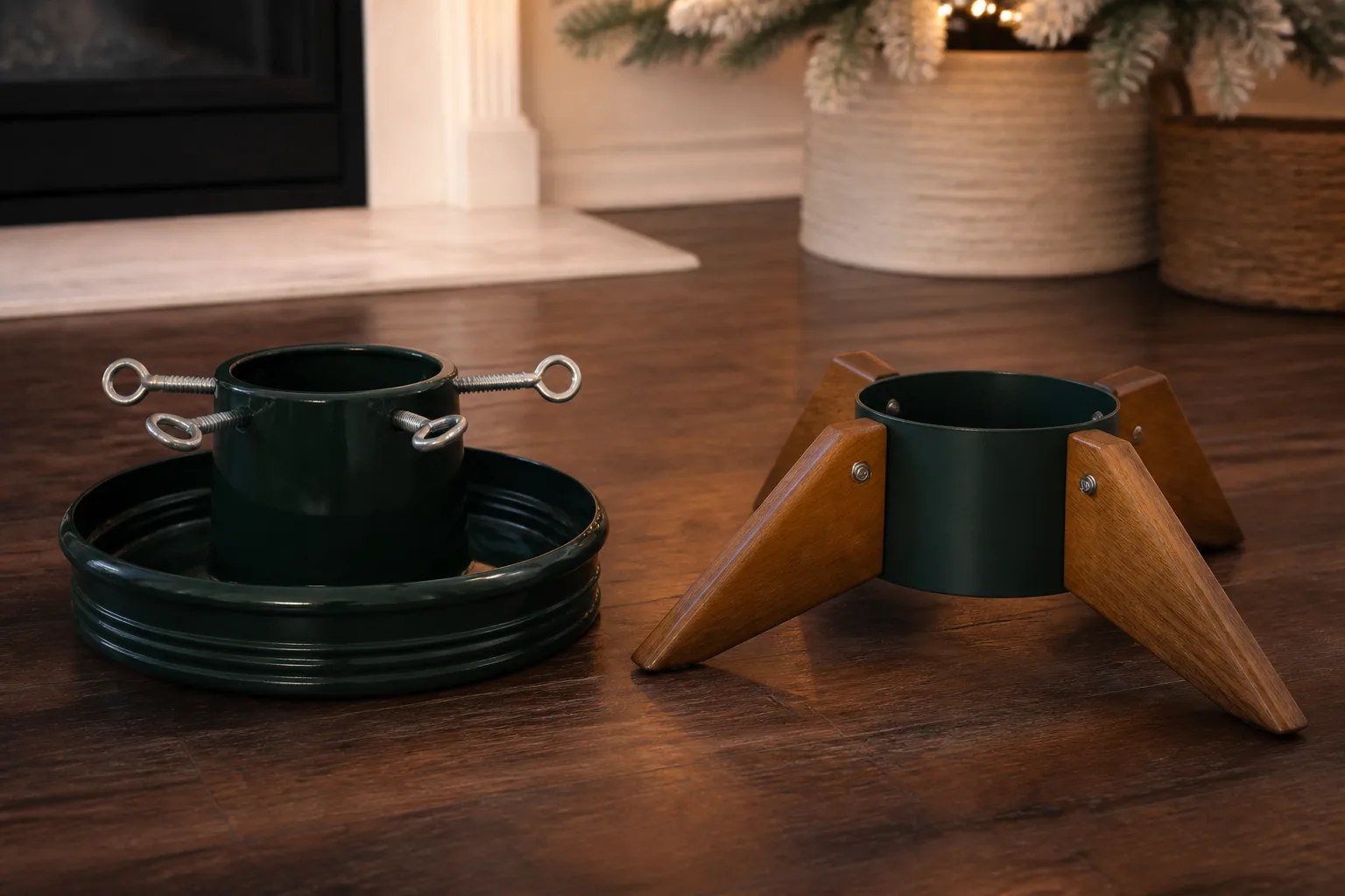 Traditional screw-type Christmas tree stand beside a slim modern wooden-legged stand on a hardwood floor