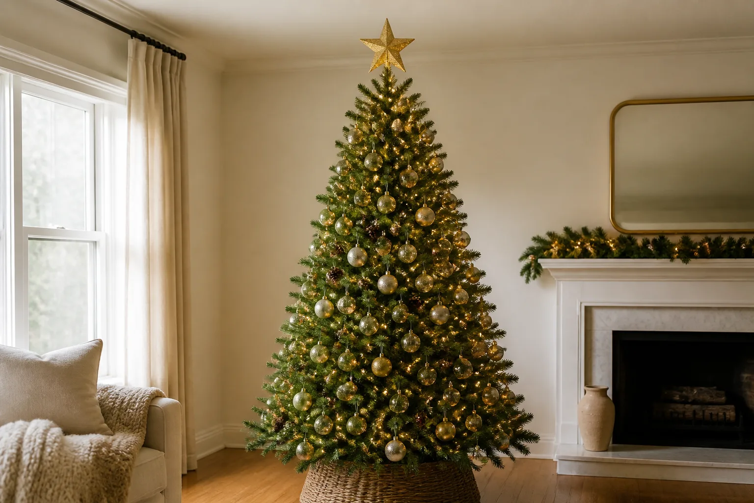 Decorated Christmas tree with a gold glitter star tree topper in a cozy living room