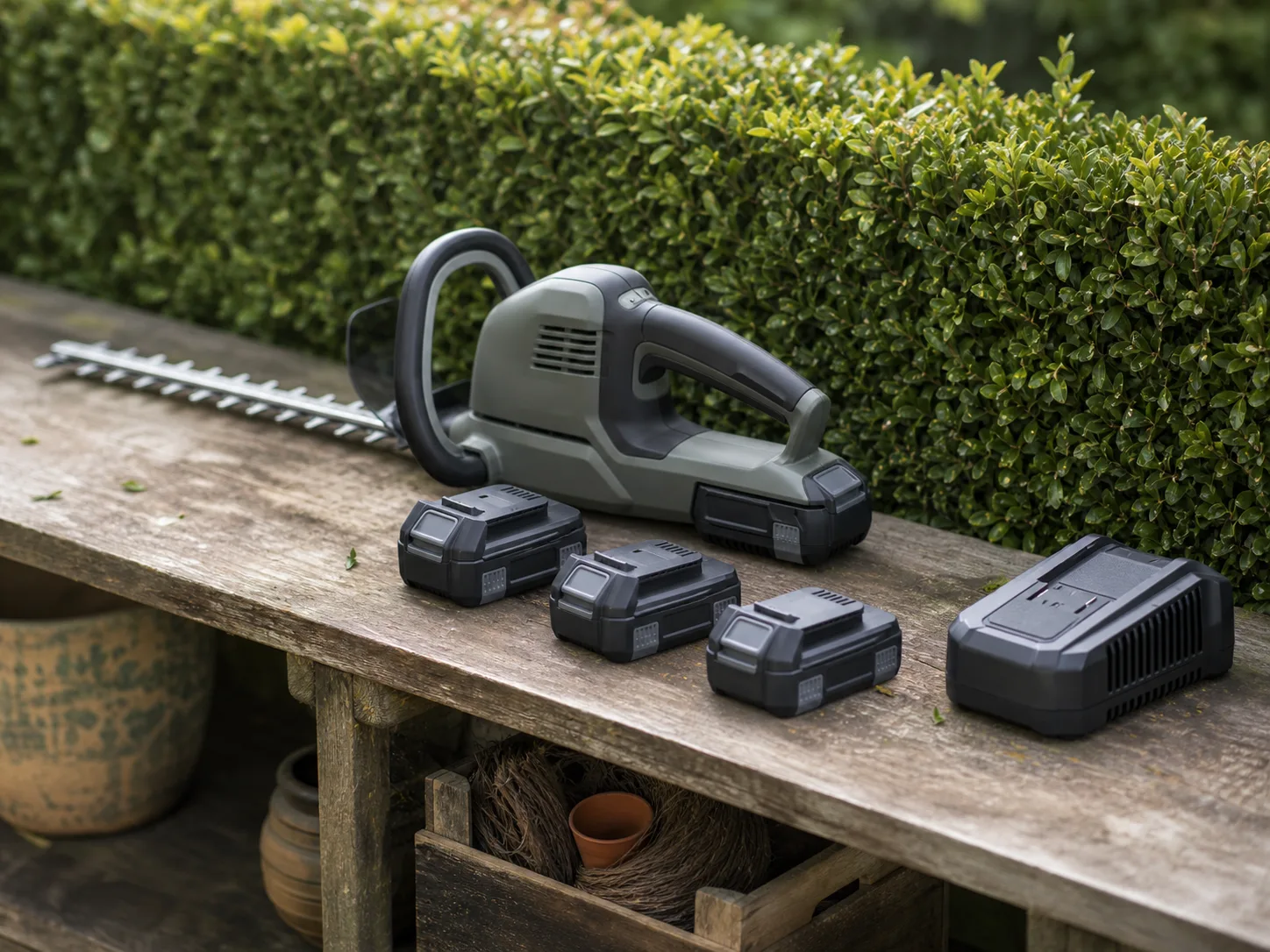 Unbranded cordless hedge trimmer, batteries, and charger arranged beside a clipped hedge