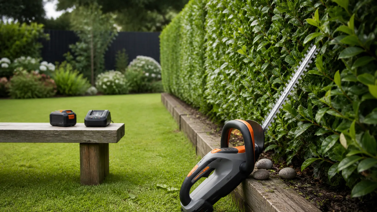 Unbranded cordless hedge trimmer resting beside a clipped hedge with a battery and charger on a garden bench