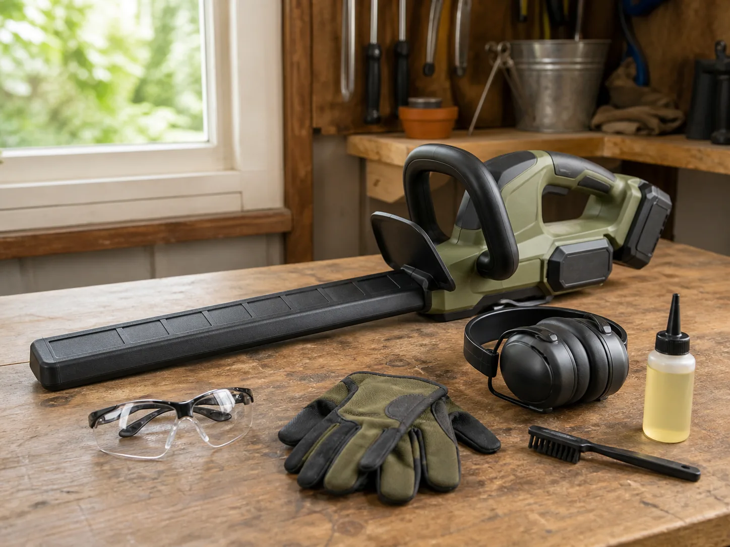 Unbranded cordless hedge trimmer with blade sheath, safety glasses, hearing protection, gloves, brush, and oil on a workbench