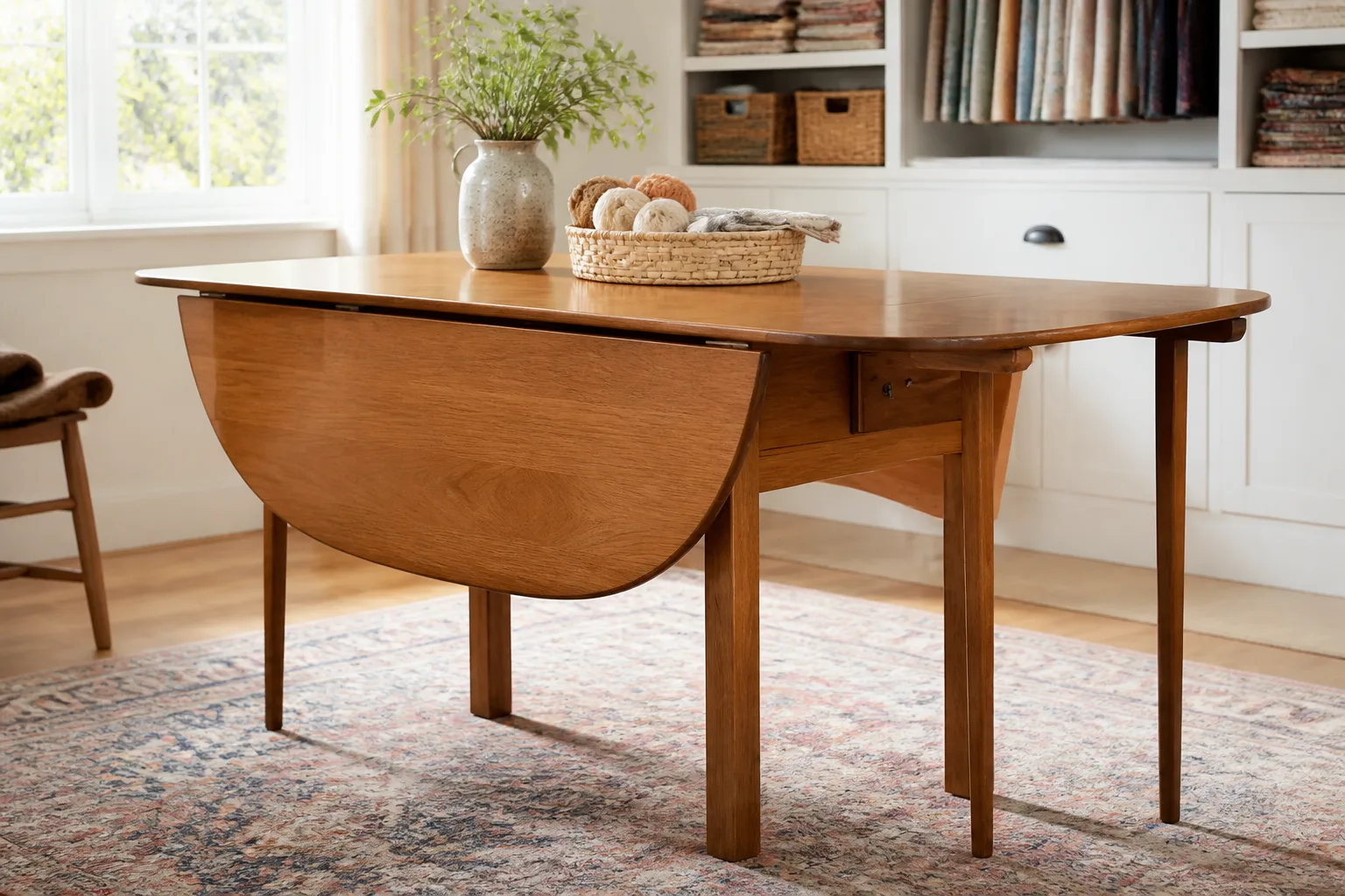 Gateleg drop-leaf table with folding support legs extended under raised leaves in a bright dining space