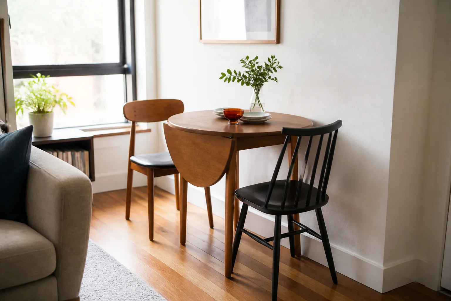 Round wooden drop-leaf dining table in a bright apartment nook with one leaf down against the wall and one leaf up