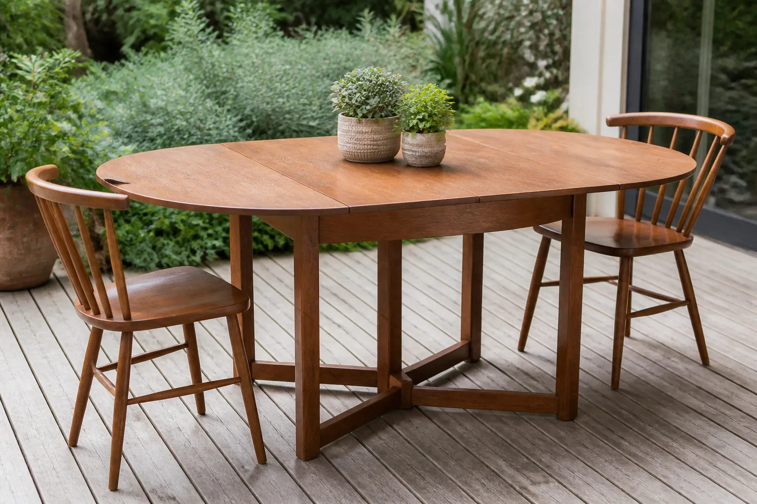 Wooden drop-leaf patio table with leaves extended on a small outdoor deck with chairs