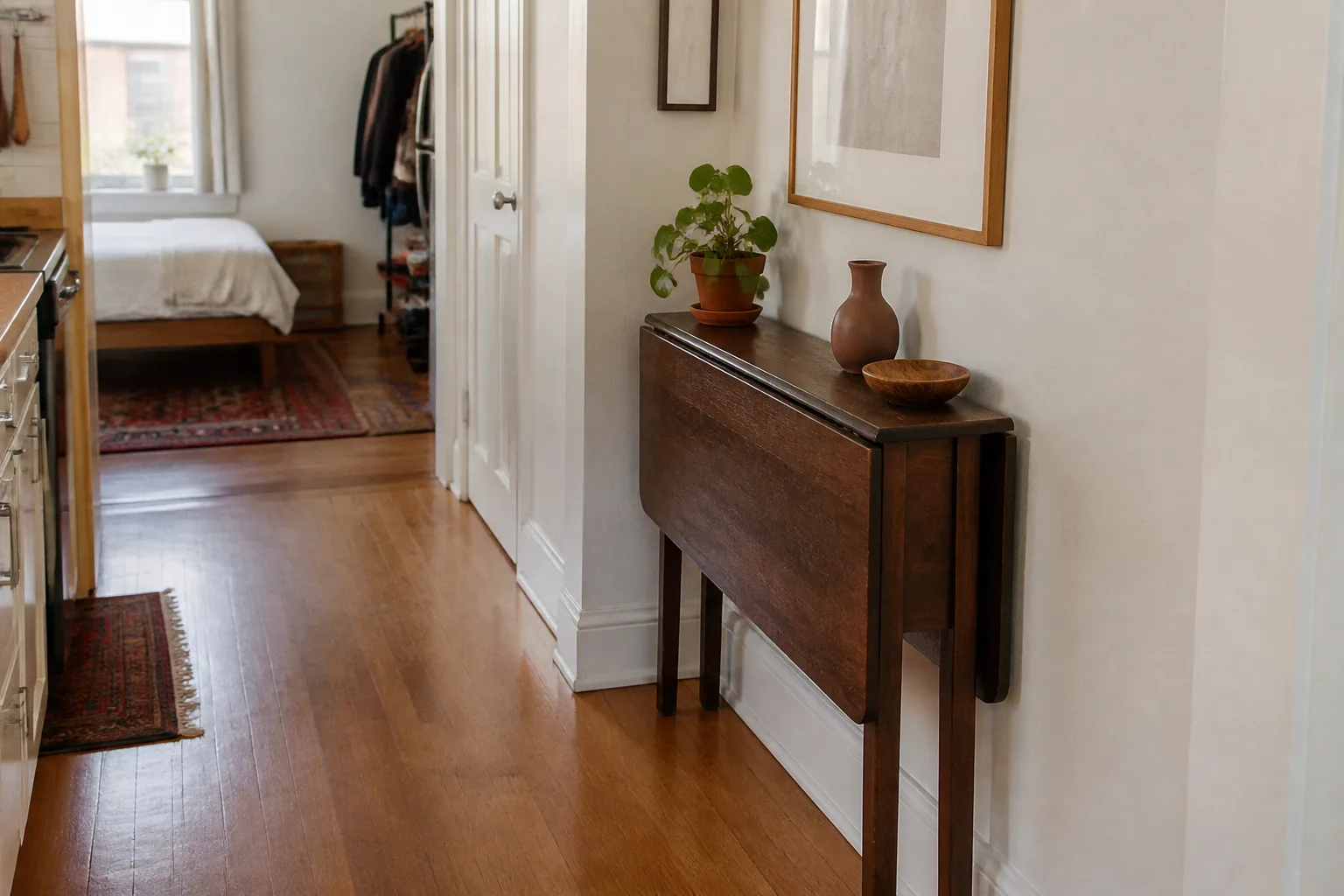 Narrow drop-leaf table with leaves folded down, pushed flush against a wall in a small studio apartment