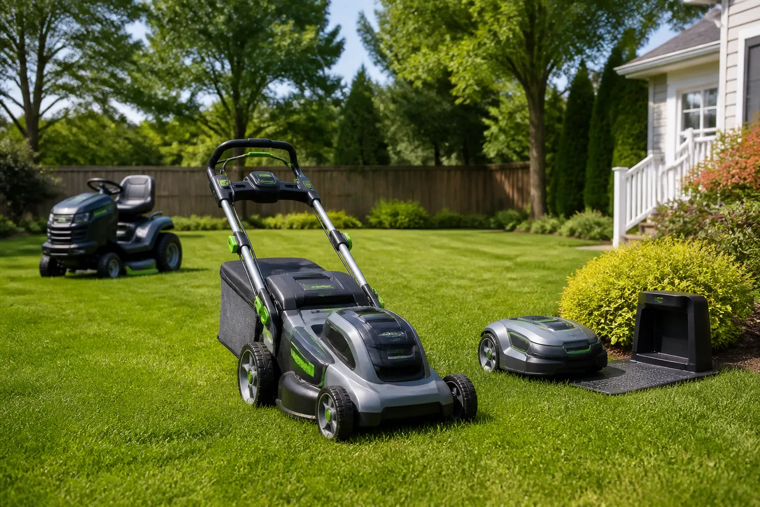 A cordless walk-behind mower on a sunny residential lawn