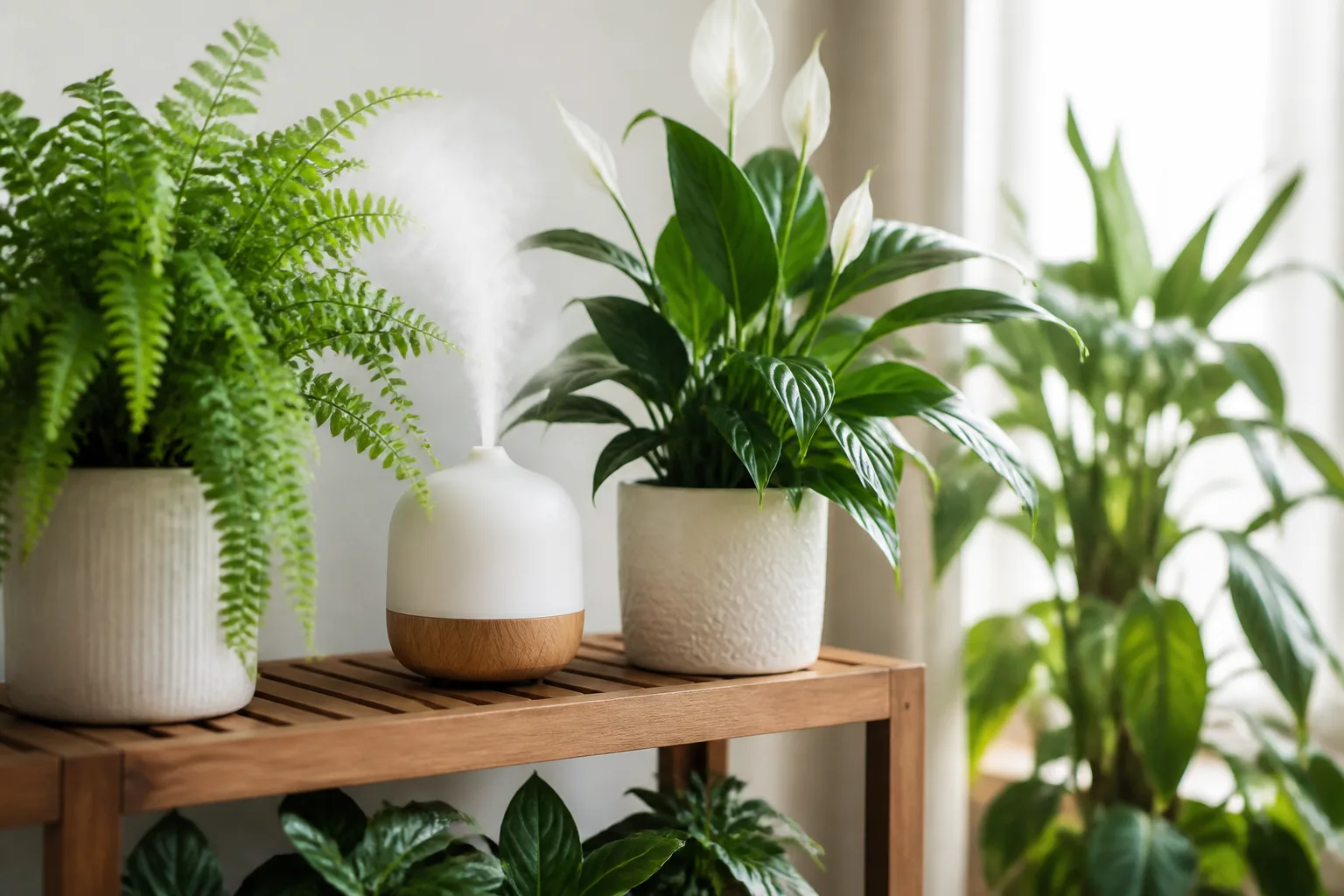 Ultrasonic essential oil diffuser on a plant shelf beside tropical houseplants with soft mist rising away from the foliage