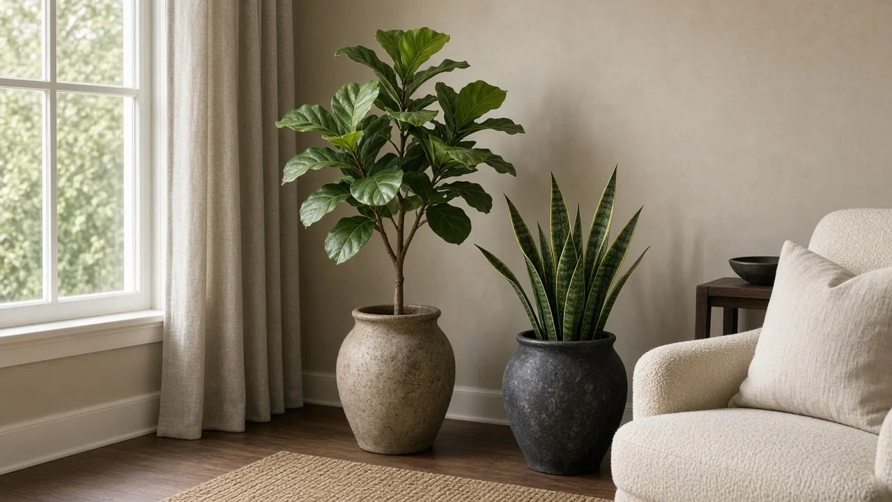 Tall and tabletop faux plants styled together in a bright living room