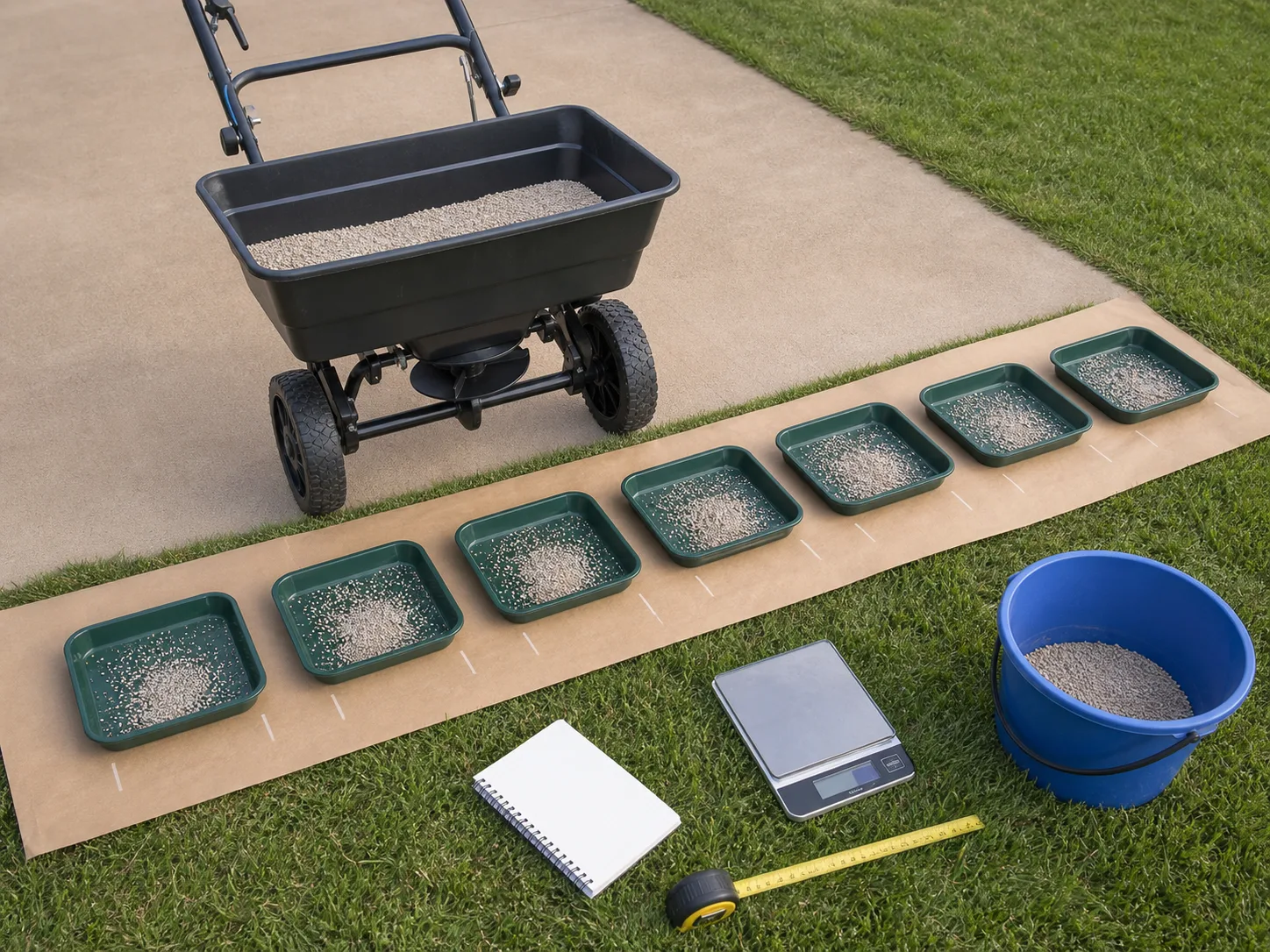 Fertilizer spreader calibration setup with catch pans, a scale, tape measure, and test strip