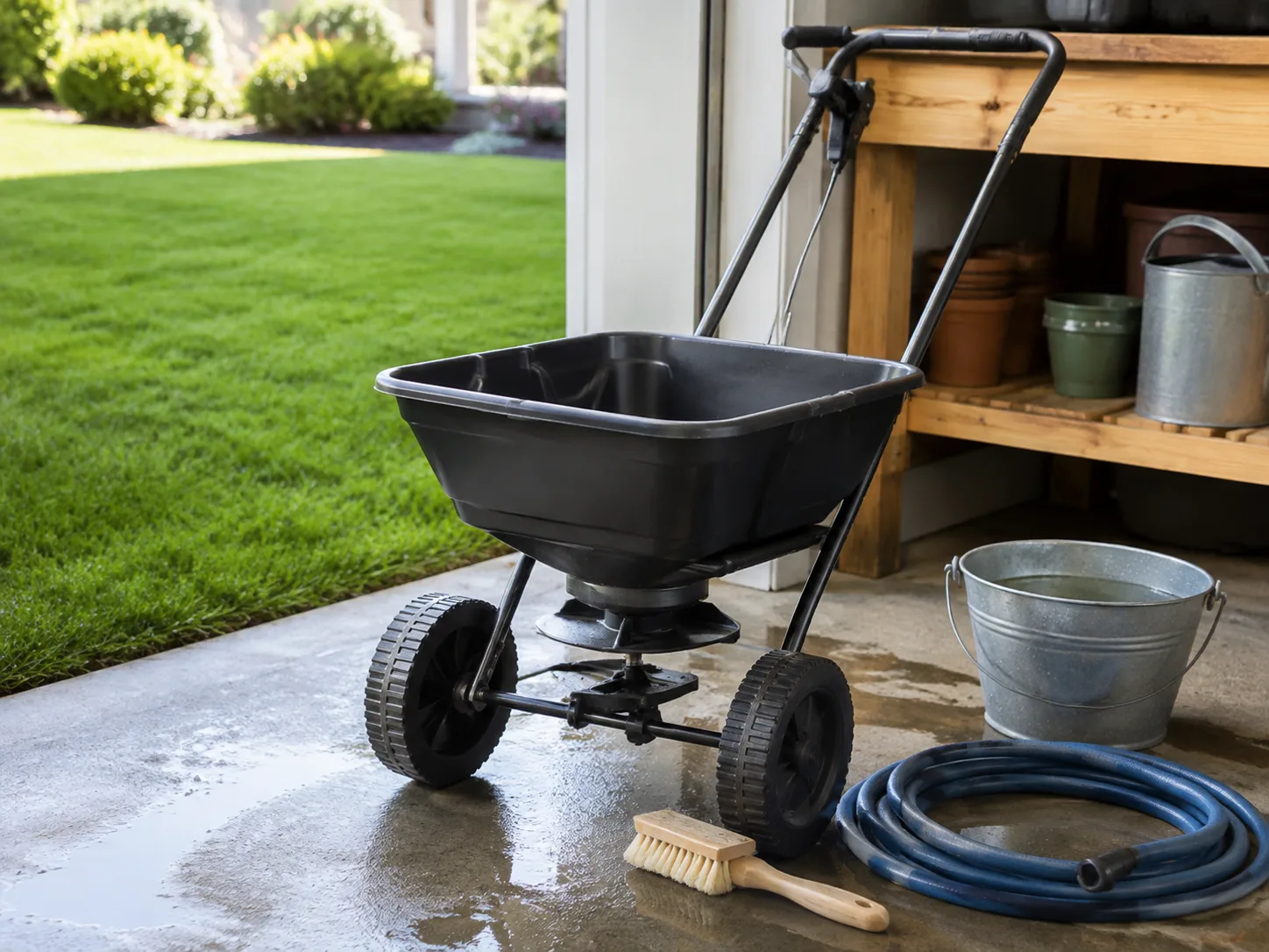 Clean push broadcast fertilizer spreader drying beside a hose and brush