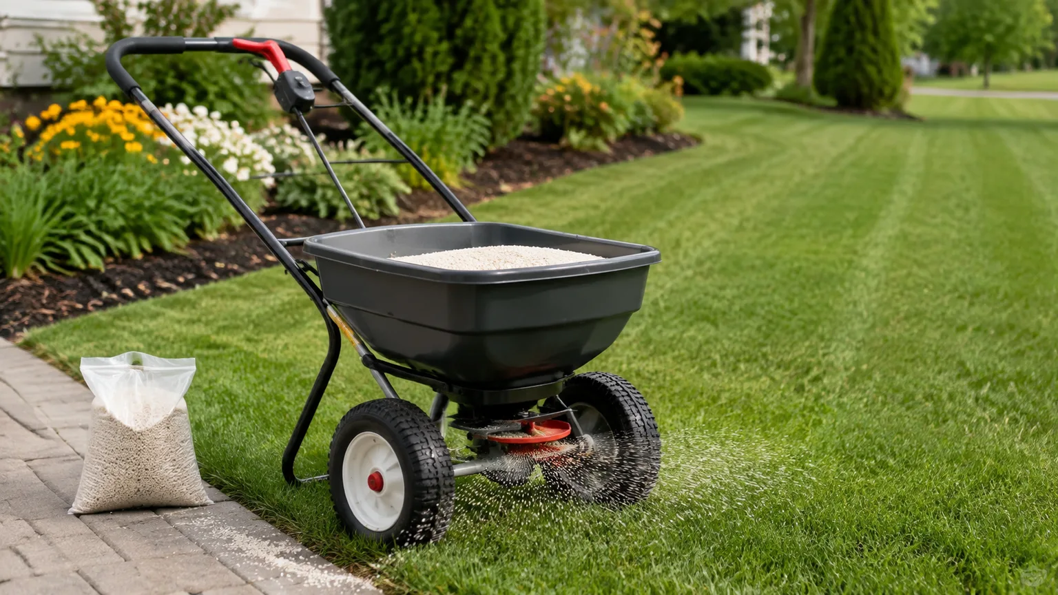 Push broadcast fertilizer spreader distributing granules across a residential lawn