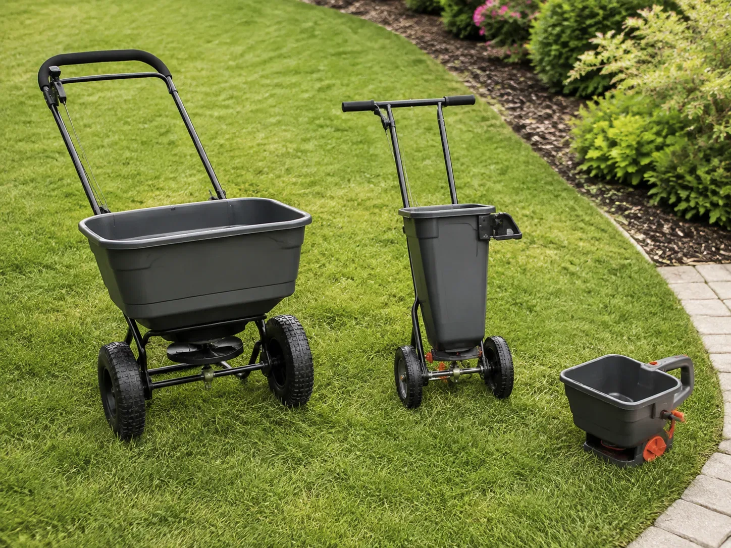 Broadcast, drop, and handheld fertilizer spreaders staged on a residential lawn