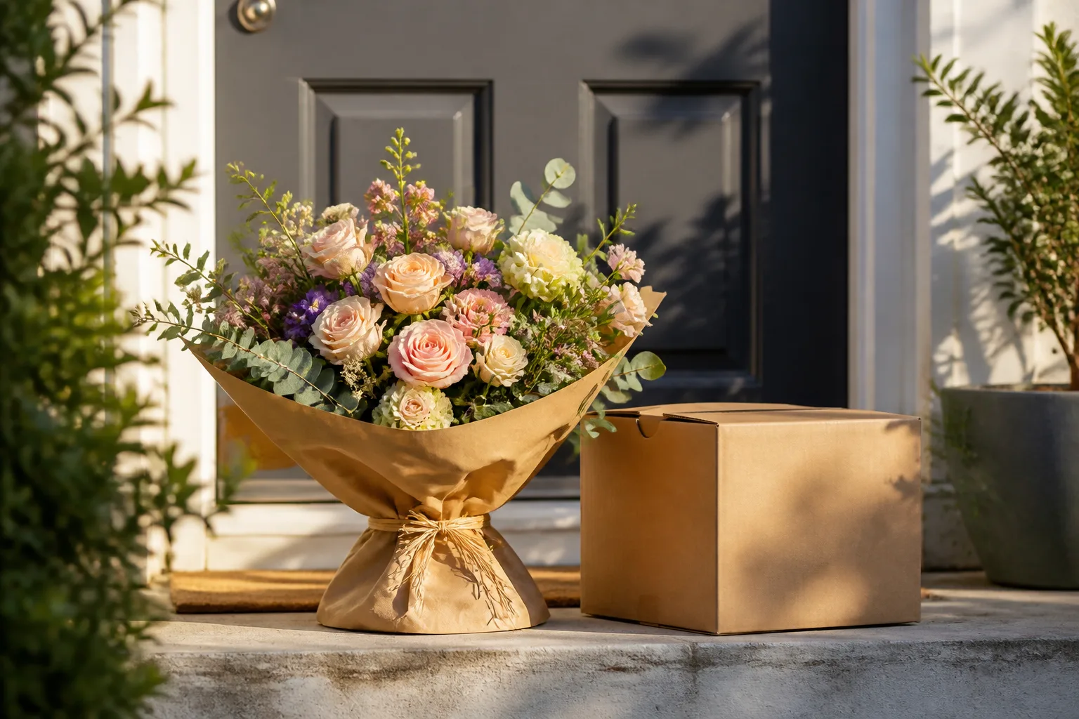 Fresh mixed flower bouquet in kraft wrap beside a delivered cardboard box on a residential doorstep