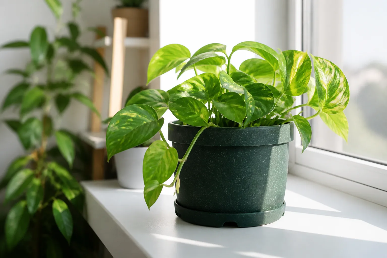 Potted houseplant in a modern grow pot on a bright indoor windowsill