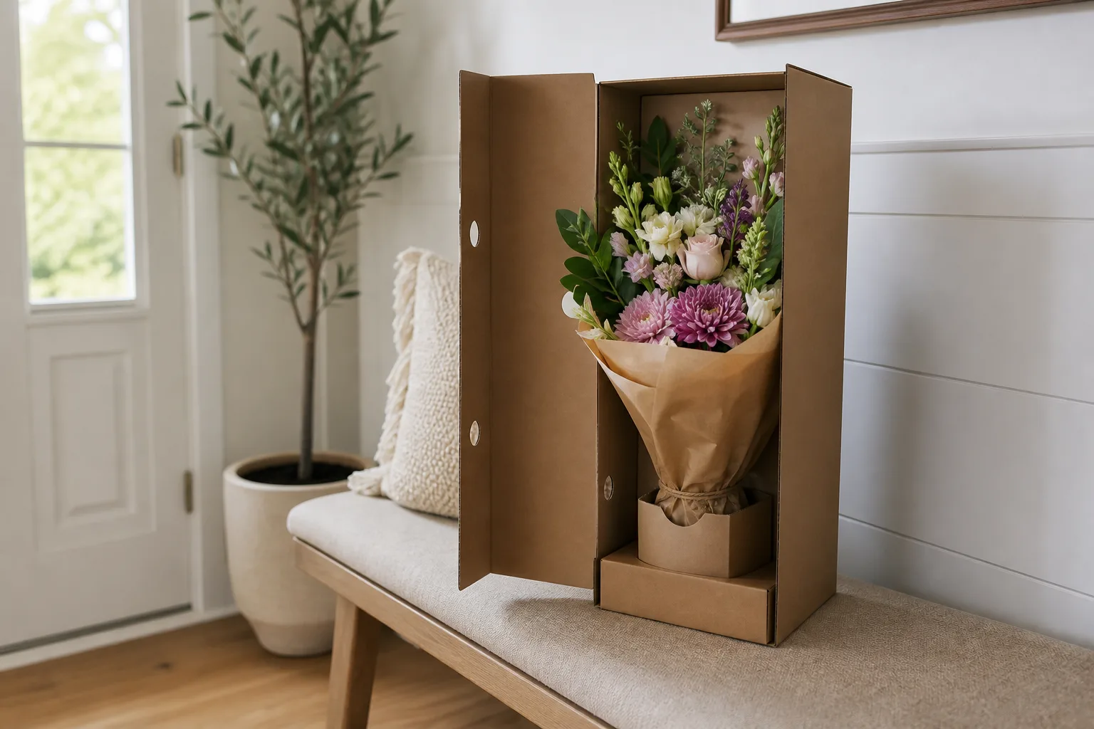 Upright cardboard flower subscription box opened from the side revealing a secured mixed bouquet