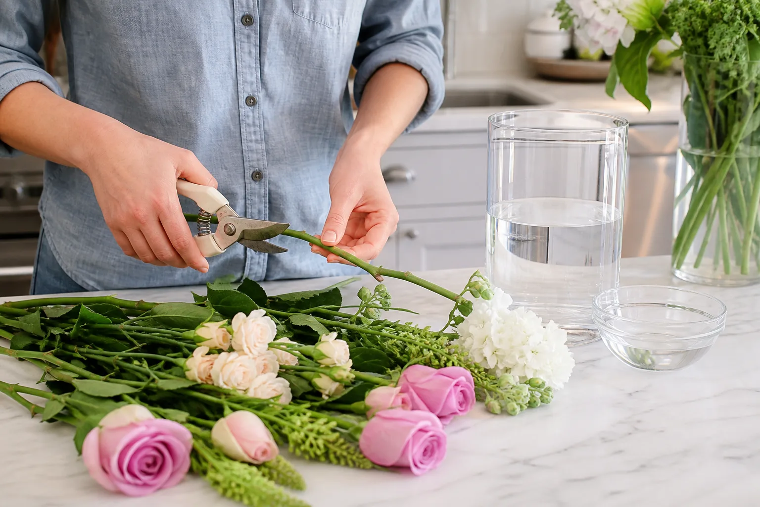 Cut flower stems, pruning shears, flower food packet, and glass vase on a kitchen counter