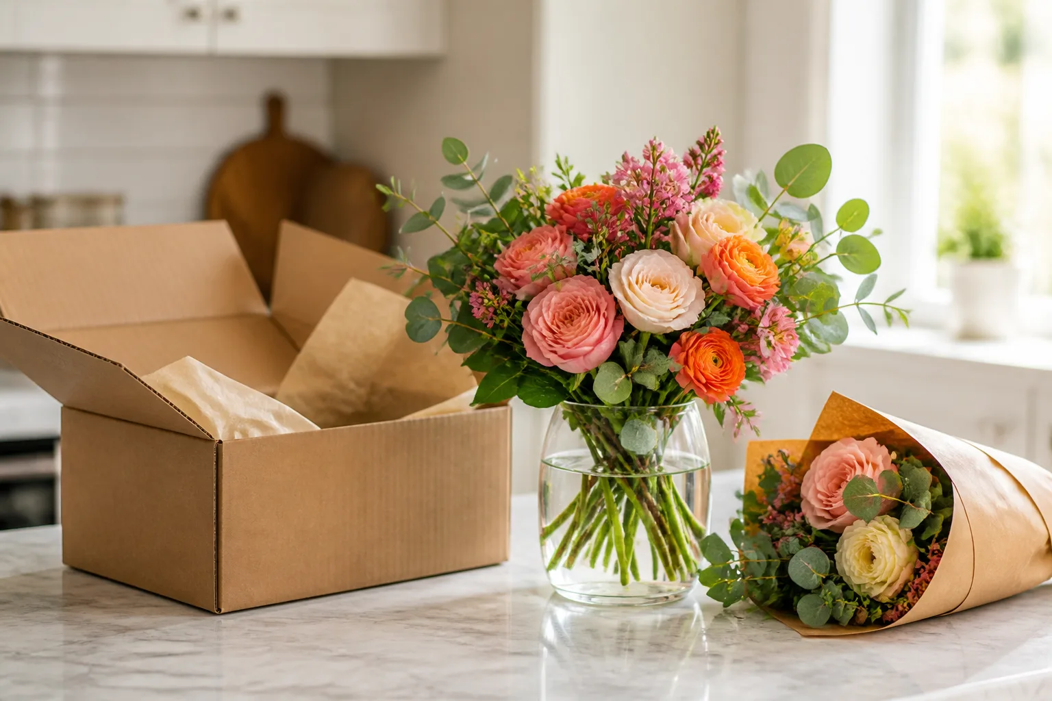 Fresh flower subscription box unboxed beside a mixed bouquet in a glass vase on a bright kitchen counter