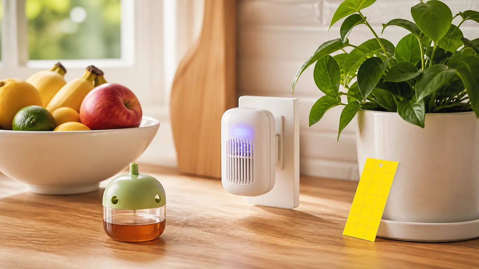 Generic plug-in, liquid-bait, and yellow sticky fruit-fly traps on a bright kitchen counter