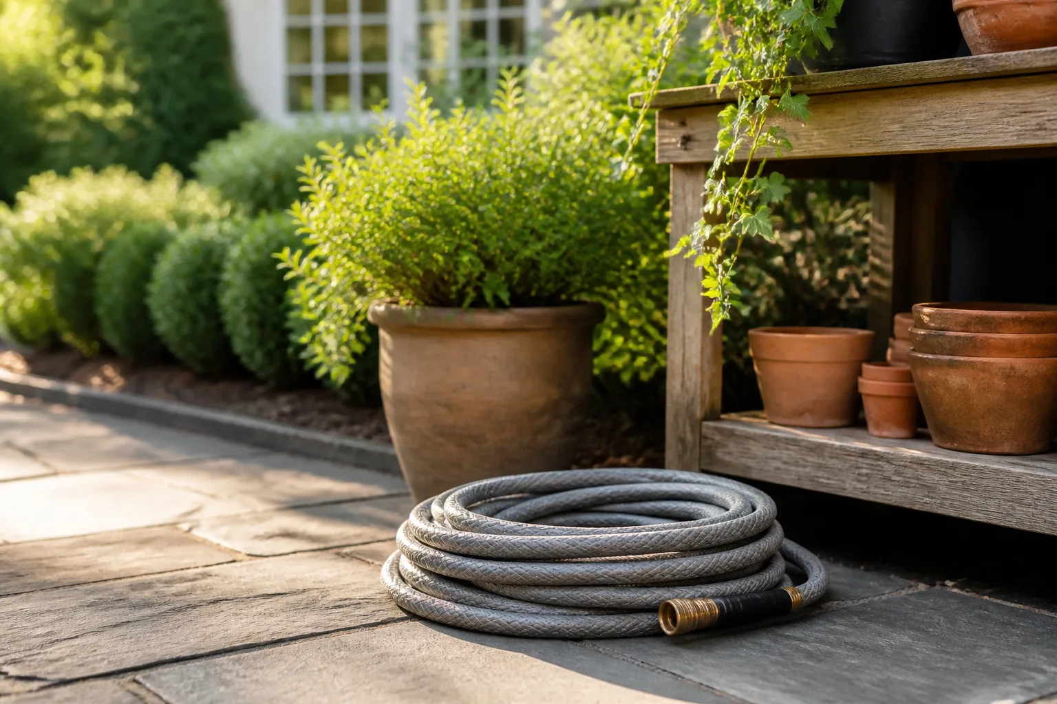 Coiled gray woven garden hose with brass fittings on a sunlit stone patio beside potted plants